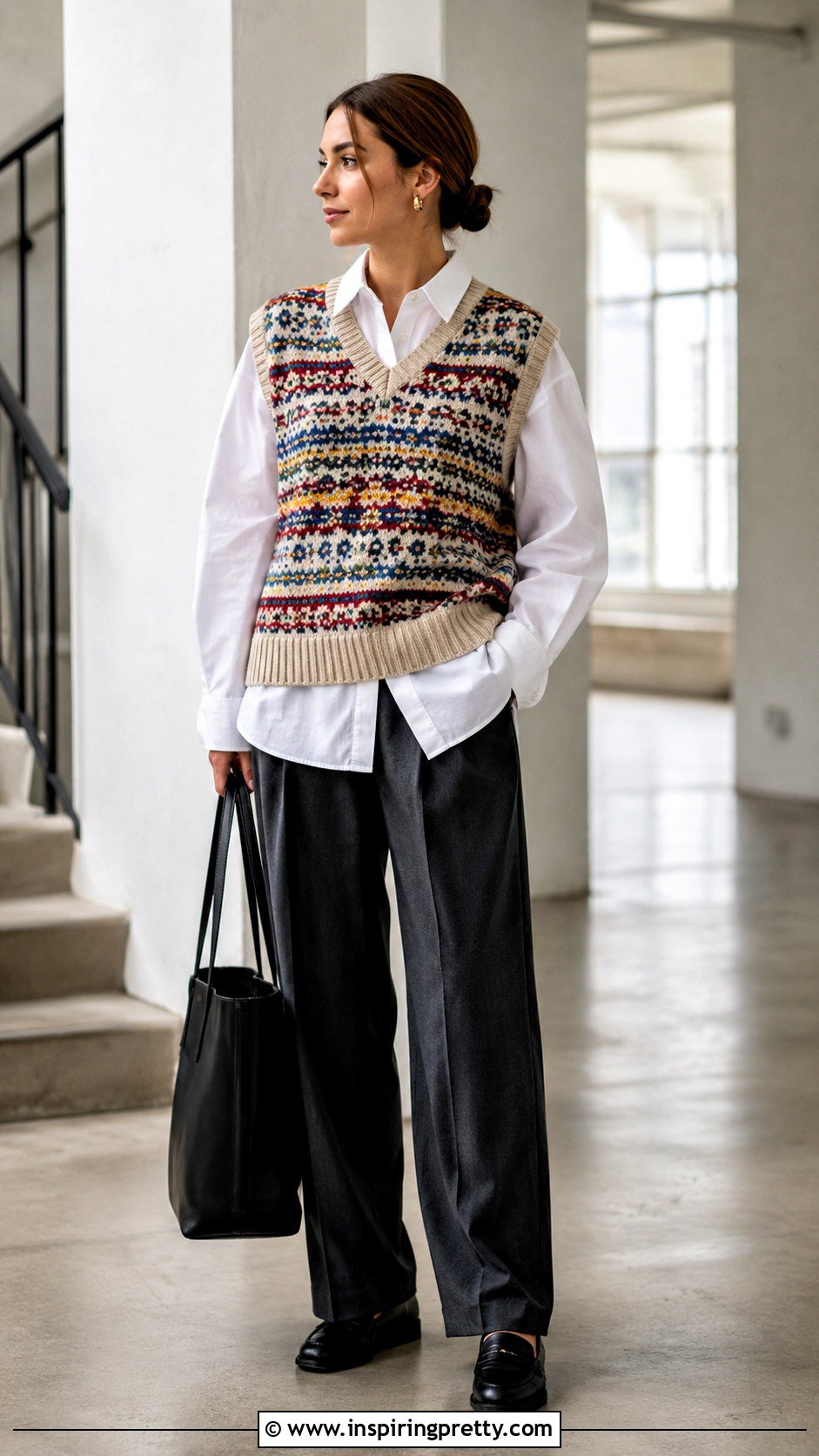 Hand Knit Vest With White Shirt And Trousers - 50 handmade tops outfit ideas