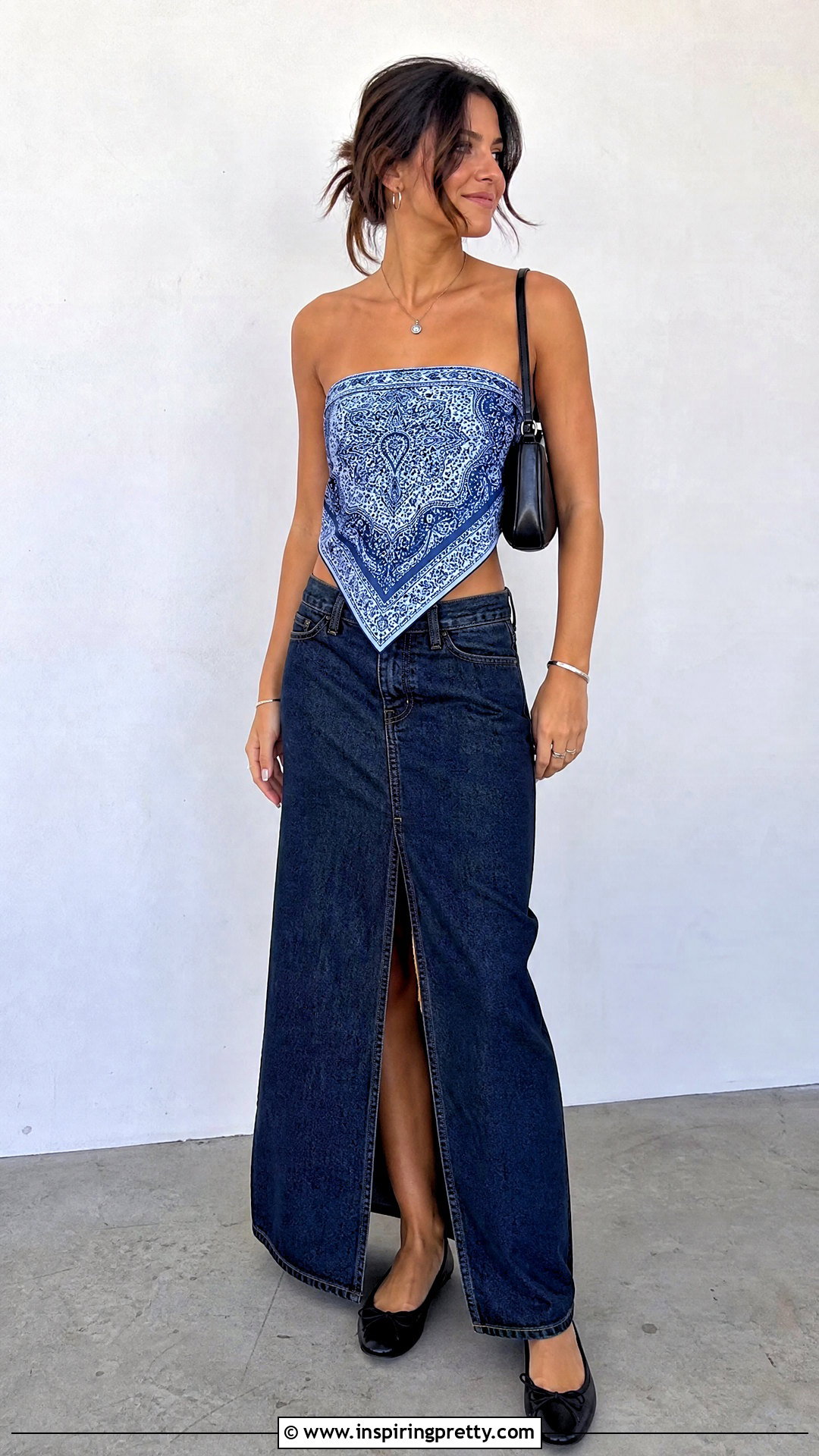Handkerchief Top With Denim Maxi Skirt - 50 unique tops outfit ideas