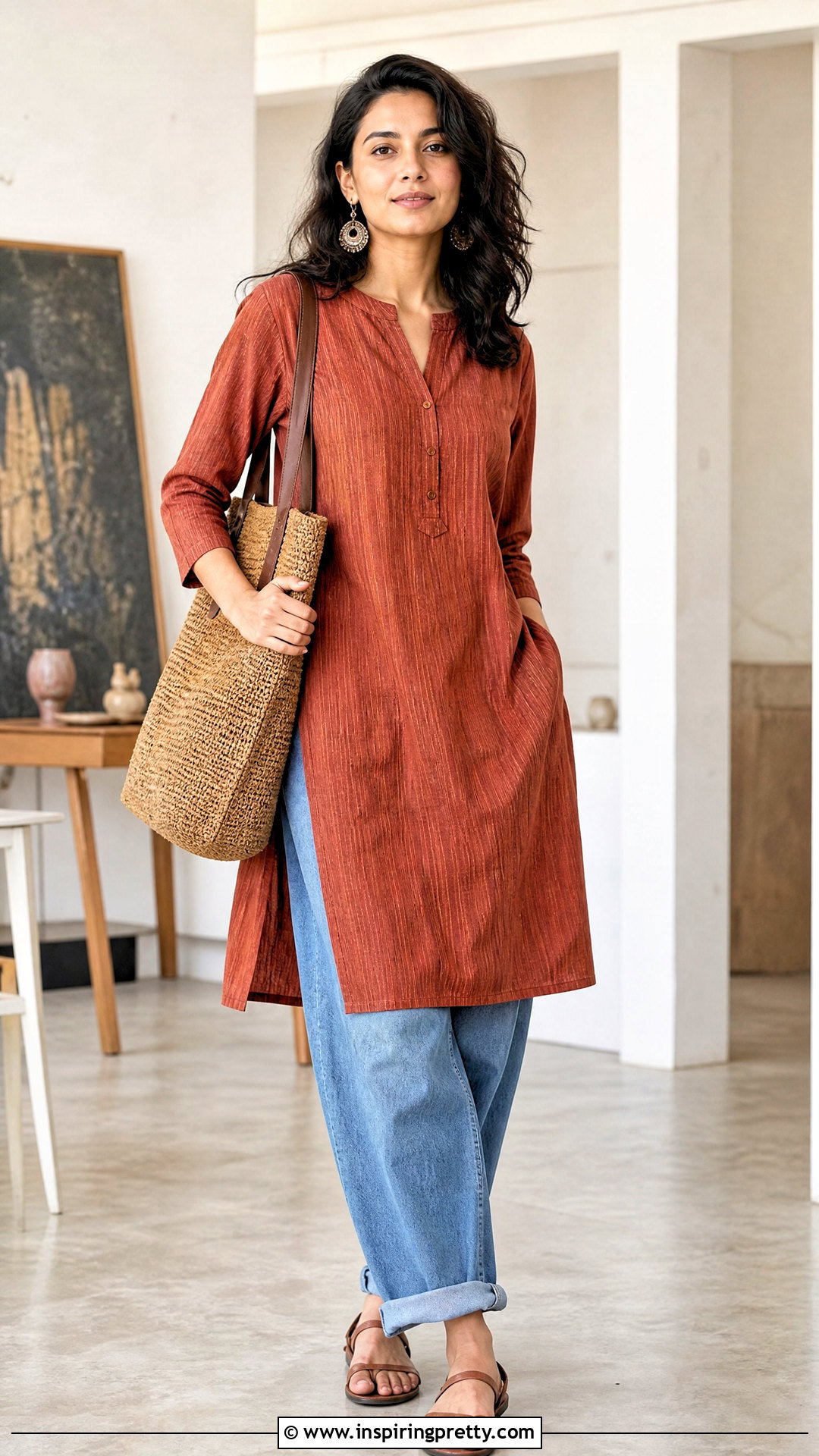 Handloom Cotton Kurti With Relaxed Jeans - 50 kurti tops for jeans