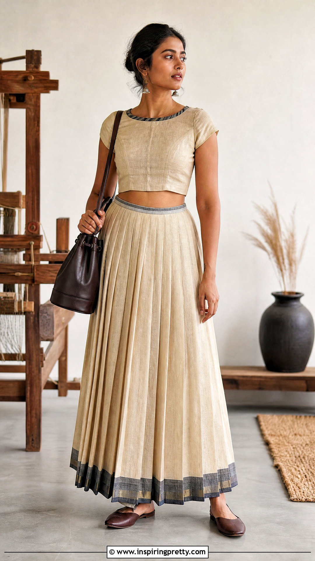 Handloom Saree Pleated Skirt And Cap Sleeve Crop Top - 25 skirt and crop top from old saree ideas