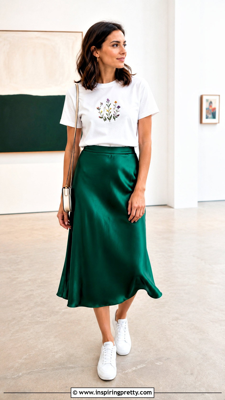 Handmade Embroidered T Shirt With Satin Midi Skirt - 20 handmade embroidered top outfit ideas