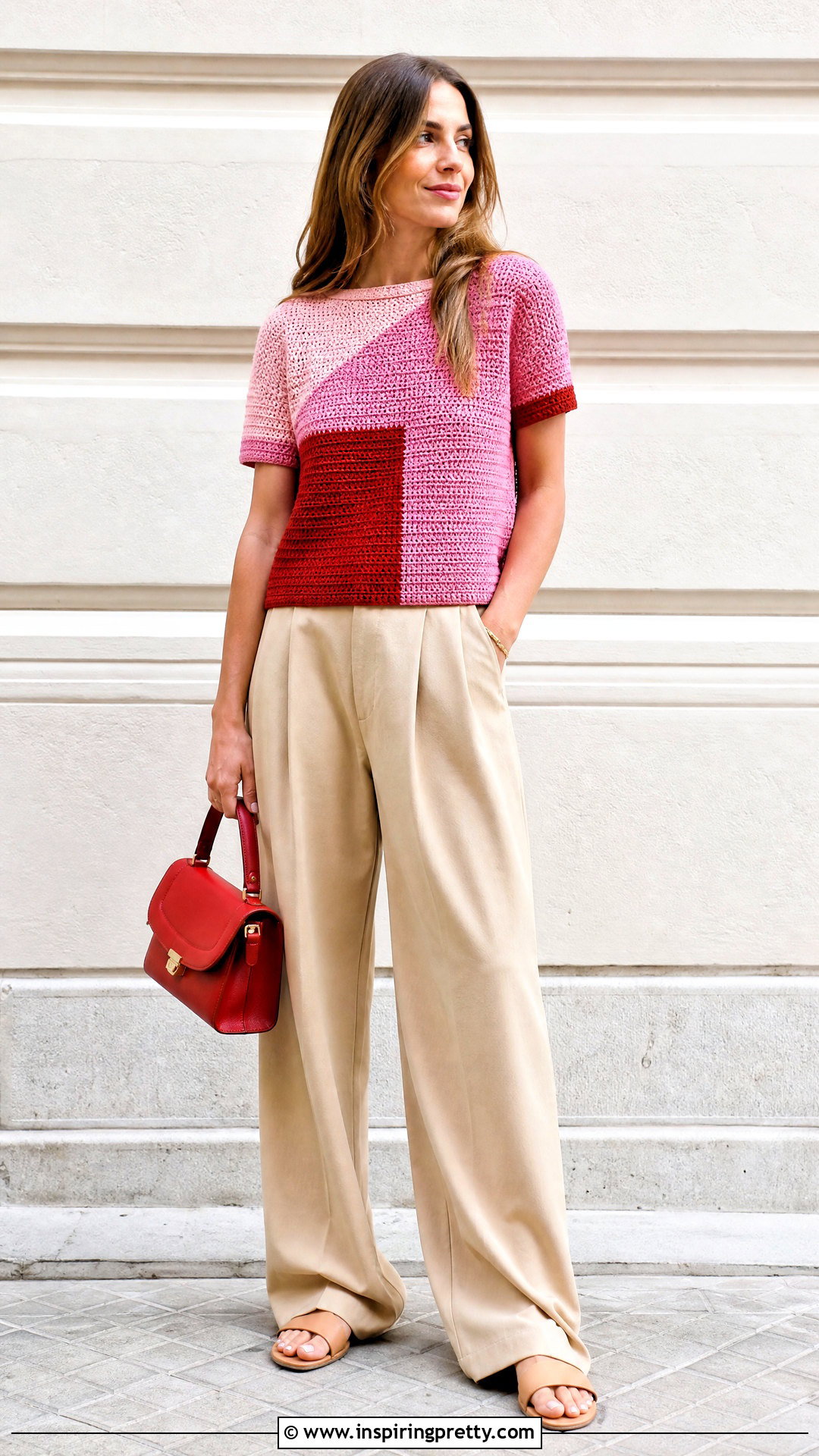 Handmade Knit Color Block Top With Neutral Trousers - 20 Handmade Knit Top Design ideas