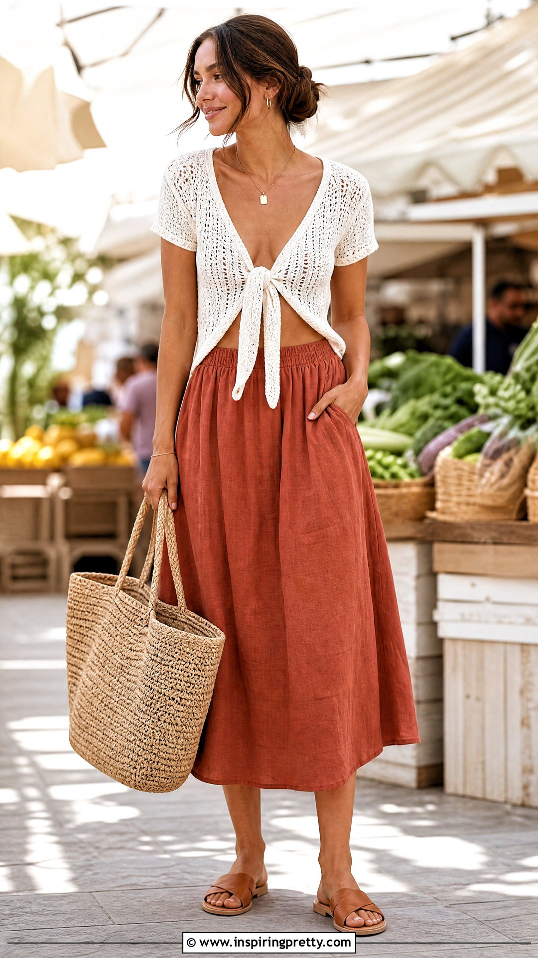 Handmade Knit Tie Front Top With Linen Skirt - 20 Handmade Knit Top Design ideas