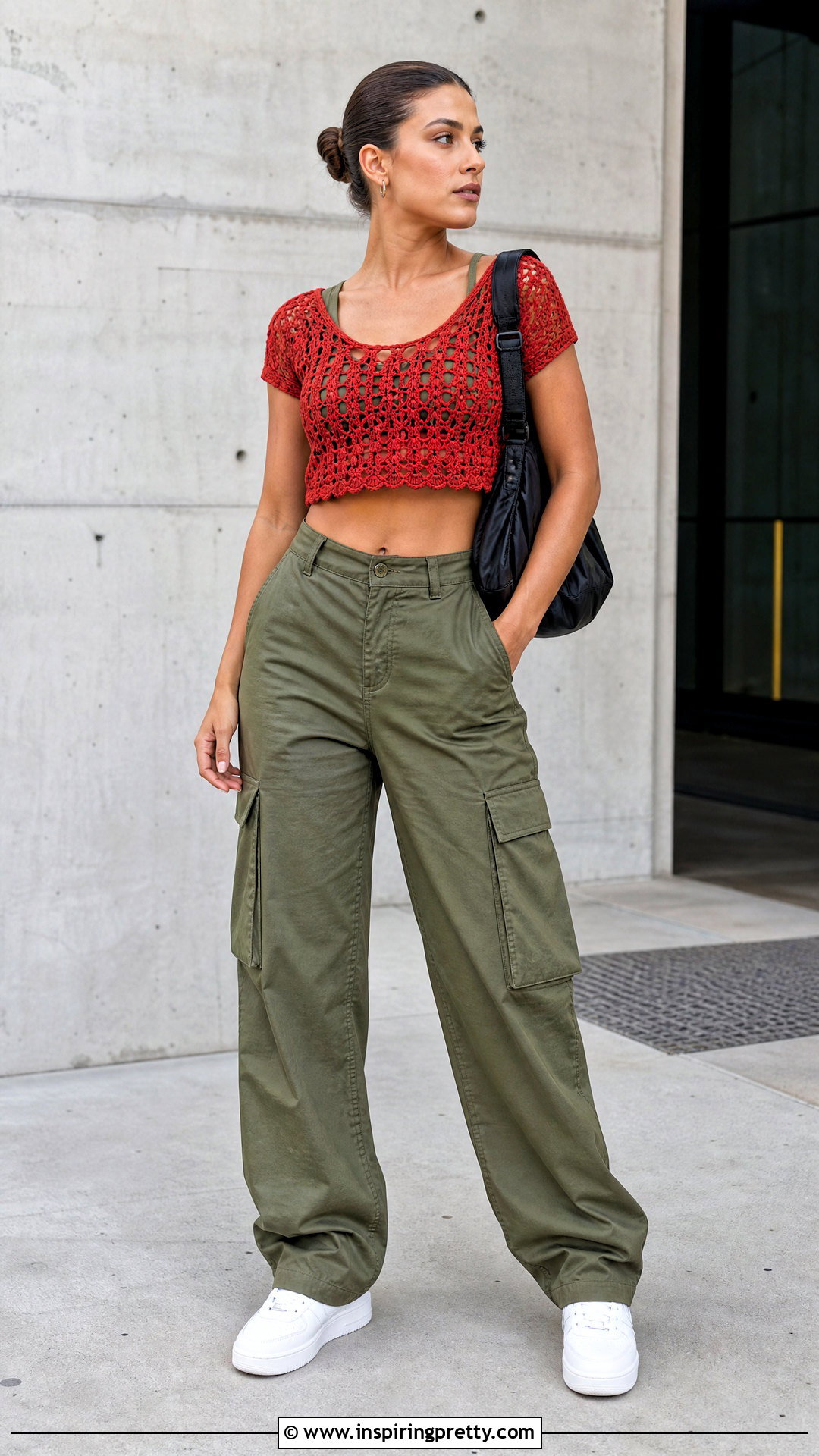 Handmade Red Crochet Top With Cargo Pants - 20 handmade red crochet top outfit ideas