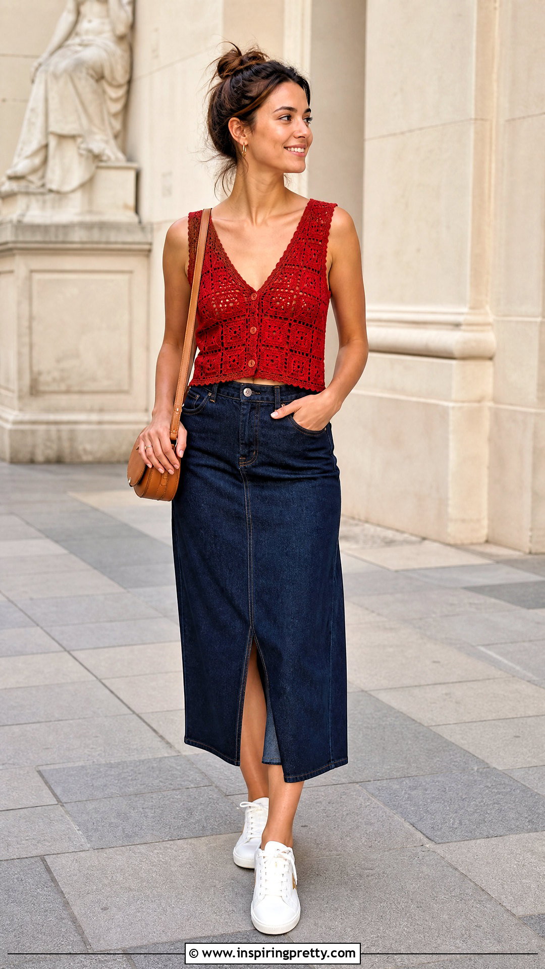 Handmade Red Crochet Top With Denim Midi Skirt - 20 handmade red crochet top outfit ideas