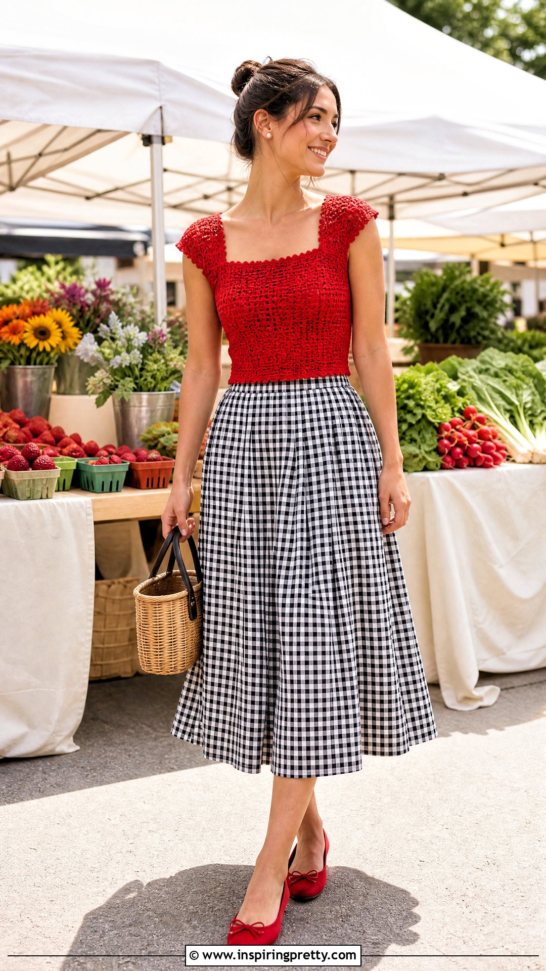 Handmade Red Crochet Top With Gingham Midi Skirt - 20 handmade red crochet top outfit ideas