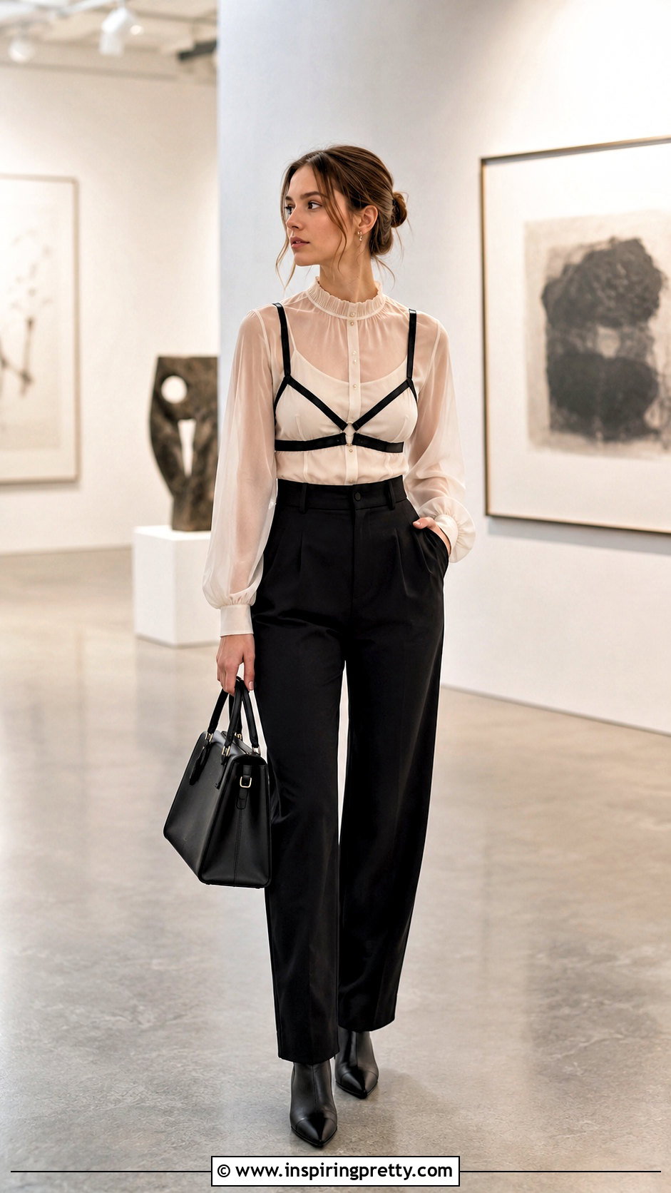 Harness Bra Top Over A Sheer Blouse With Trousers - 20 Harness Bra Top outfit ideas