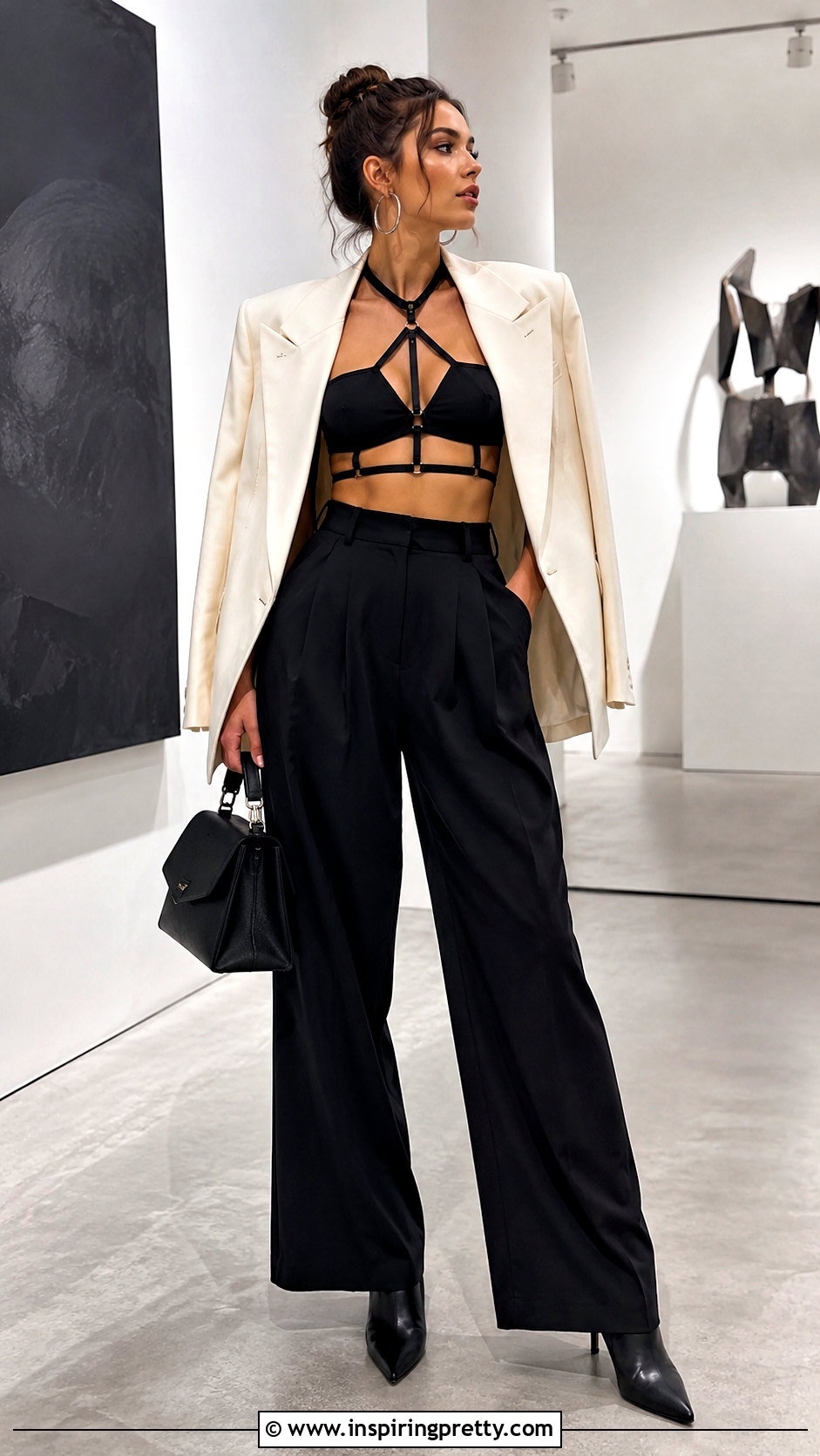 Harness Bra Top With Blazer And Wide Leg Pants - 20 Harness Bra Top outfit ideas