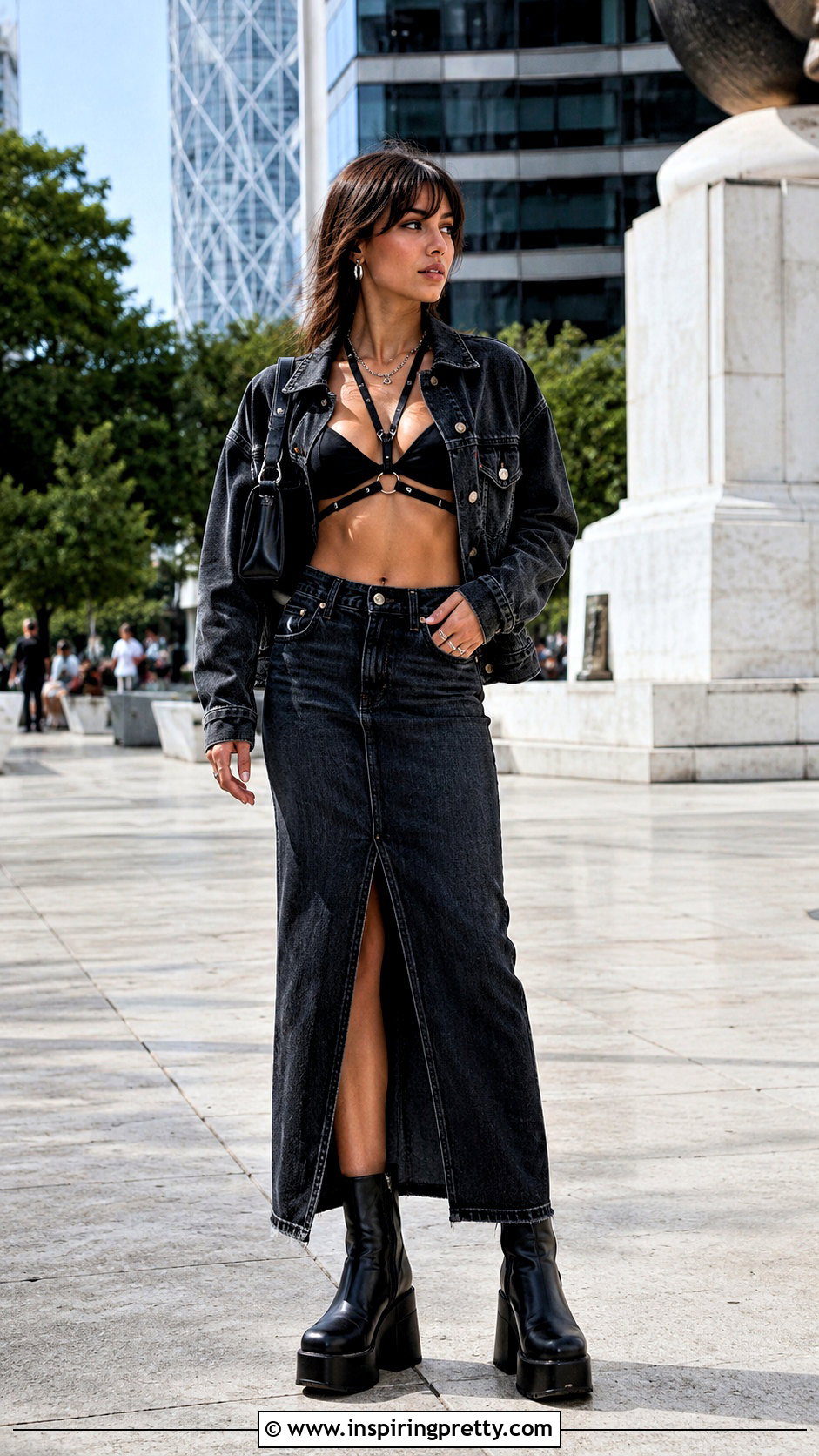 Harness Bra Top With Denim Maxi Skirt - 20 Harness Bra Top outfit ideas