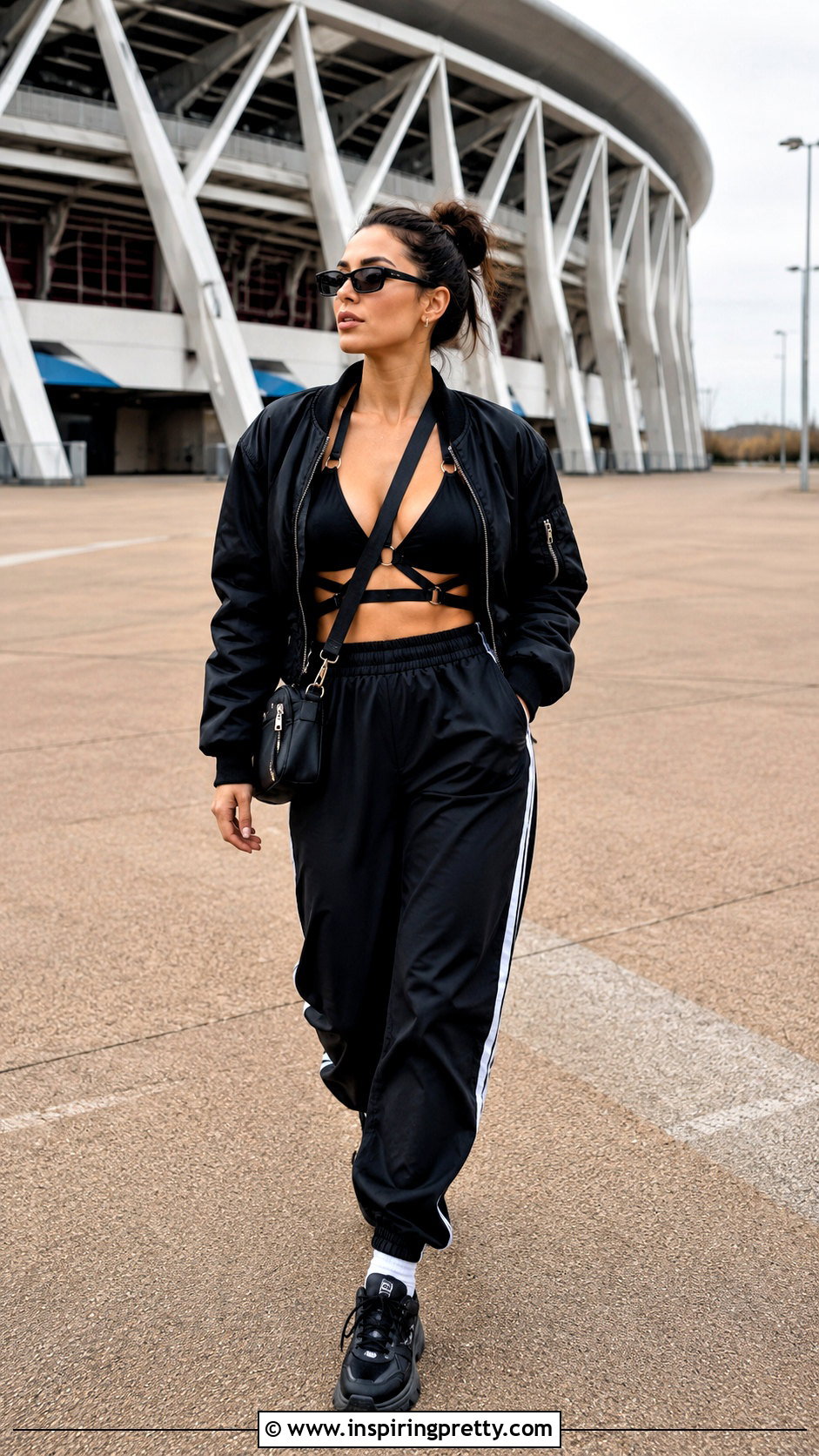 Harness Bra Top With Track Pants And Bomber Jacket - 20 Harness Bra Top outfit ideas