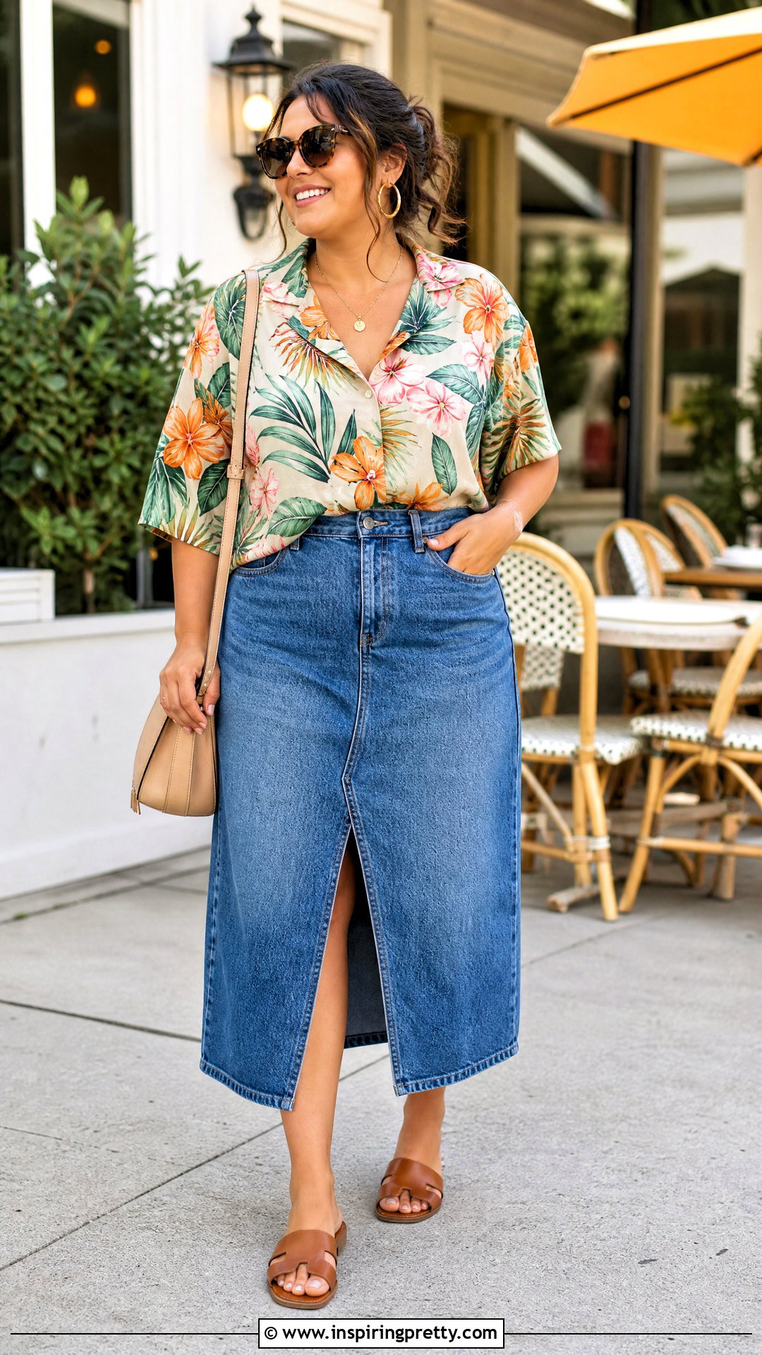 Hawaiian Blouse With A Denim Midi Skirt - 20 hawaiian style summer top outfit ideas