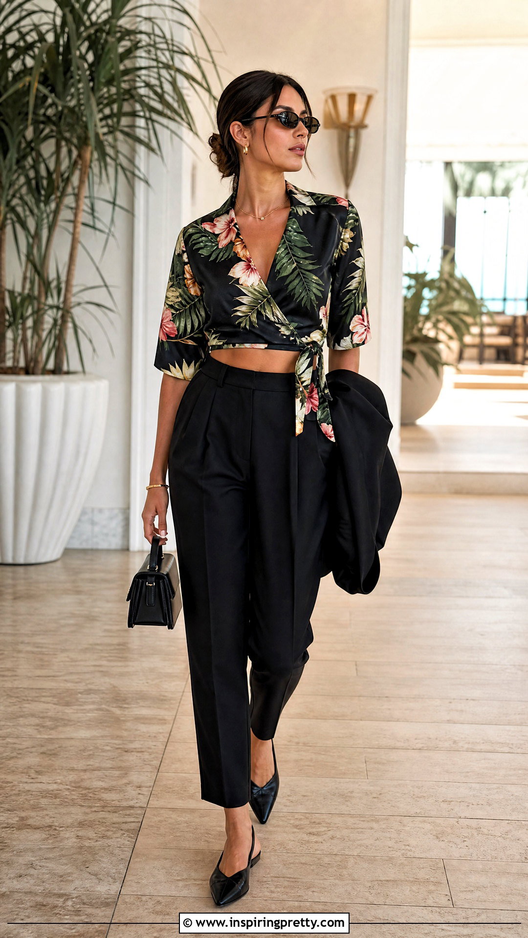Hawaiian Crop Top With Black Tailored Trousers - 25 hawaiian crop top outfit ideas