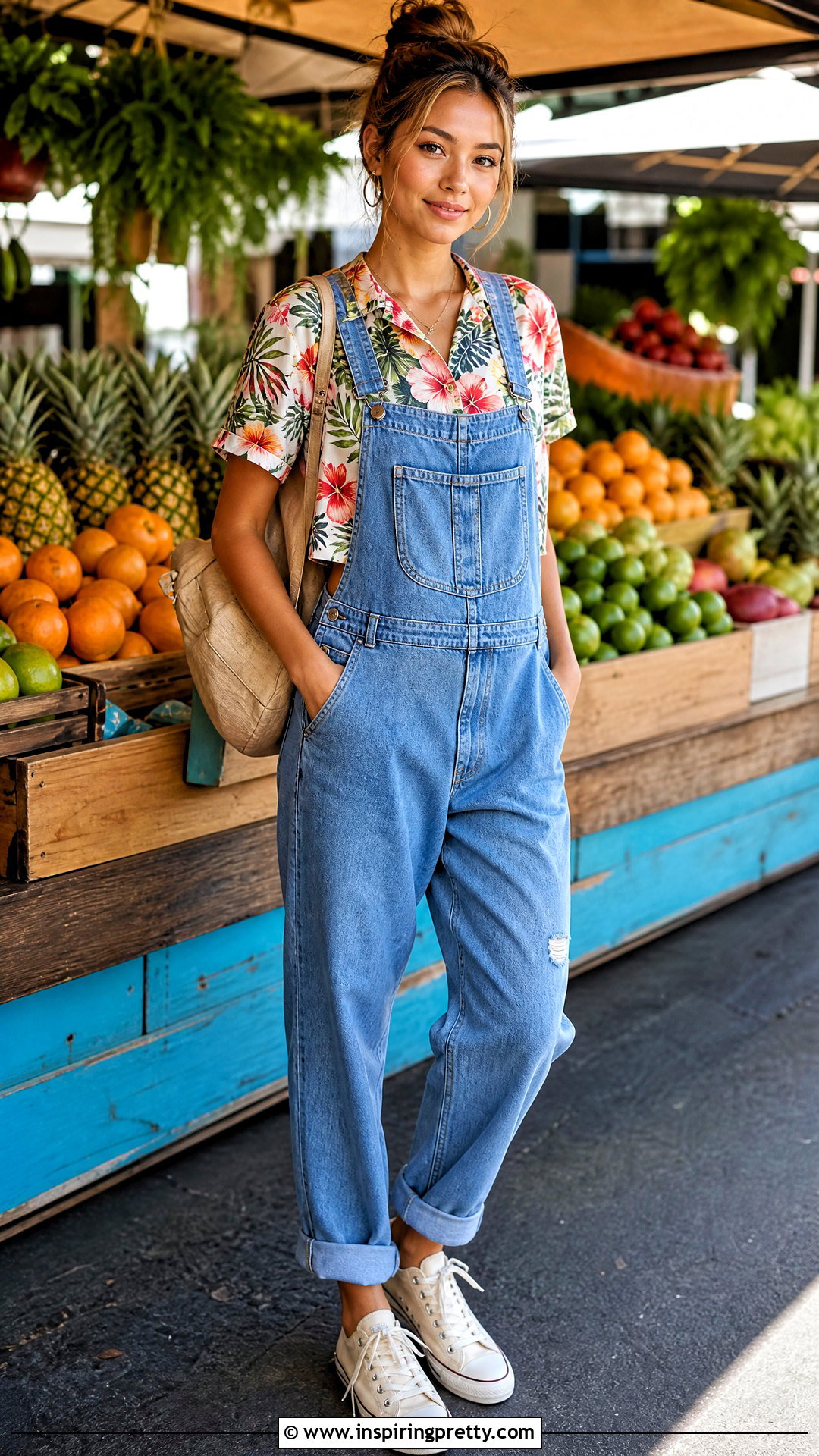 Hawaiian Crop Top With Denim Overalls - 25 hawaiian crop top outfit ideas