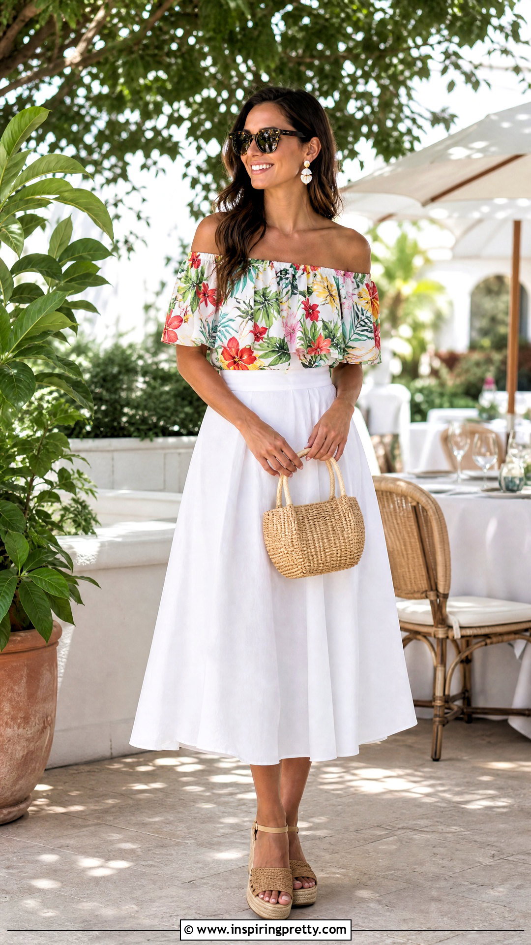 Hawaiian Off Shoulder Top With A White Skirt - 20 hawaiian style summer top outfit ideas