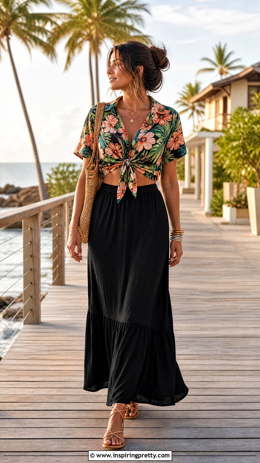 Hawaiian Tie Front Top With A Maxi Skirt - 20 hawaiian style summer top outfit ideas