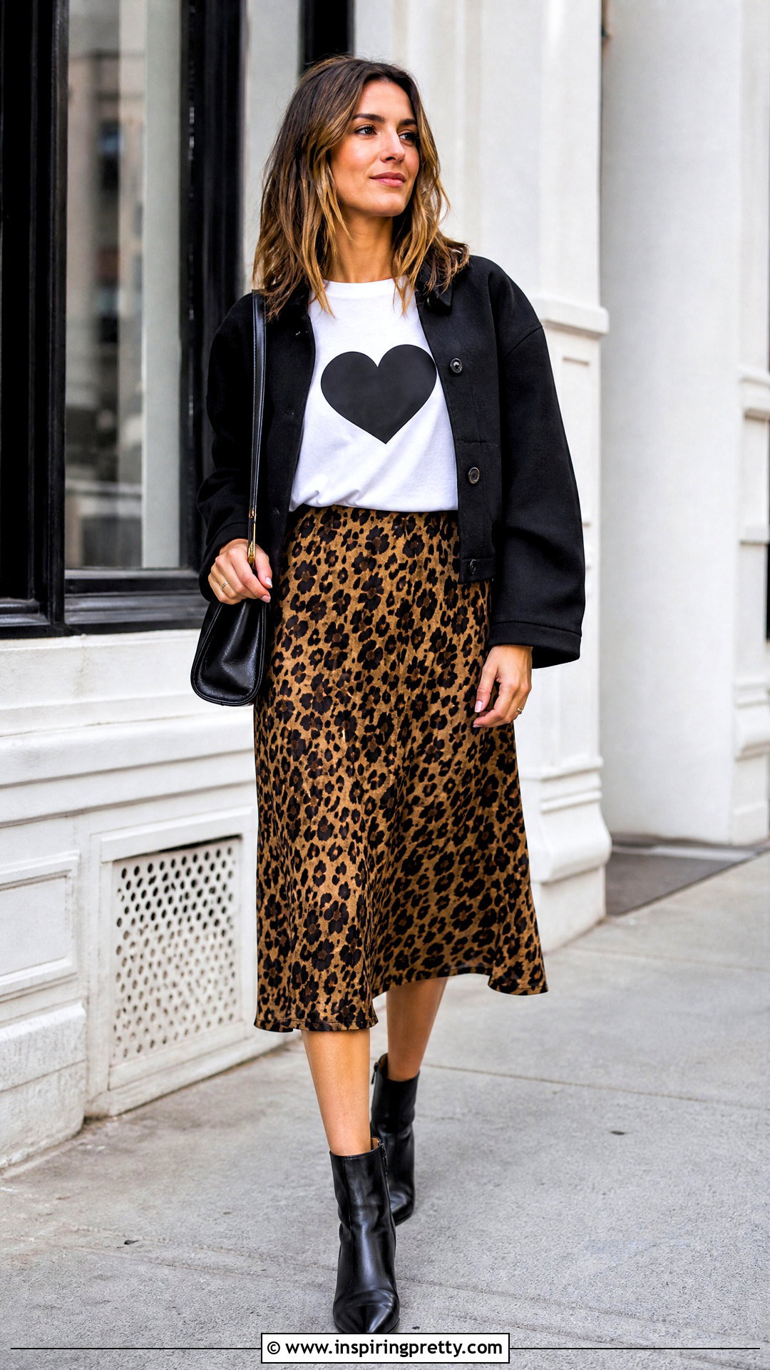 Heart Graphic Tee With Leopard Midi Skirt - 50 heart top outfit ideas