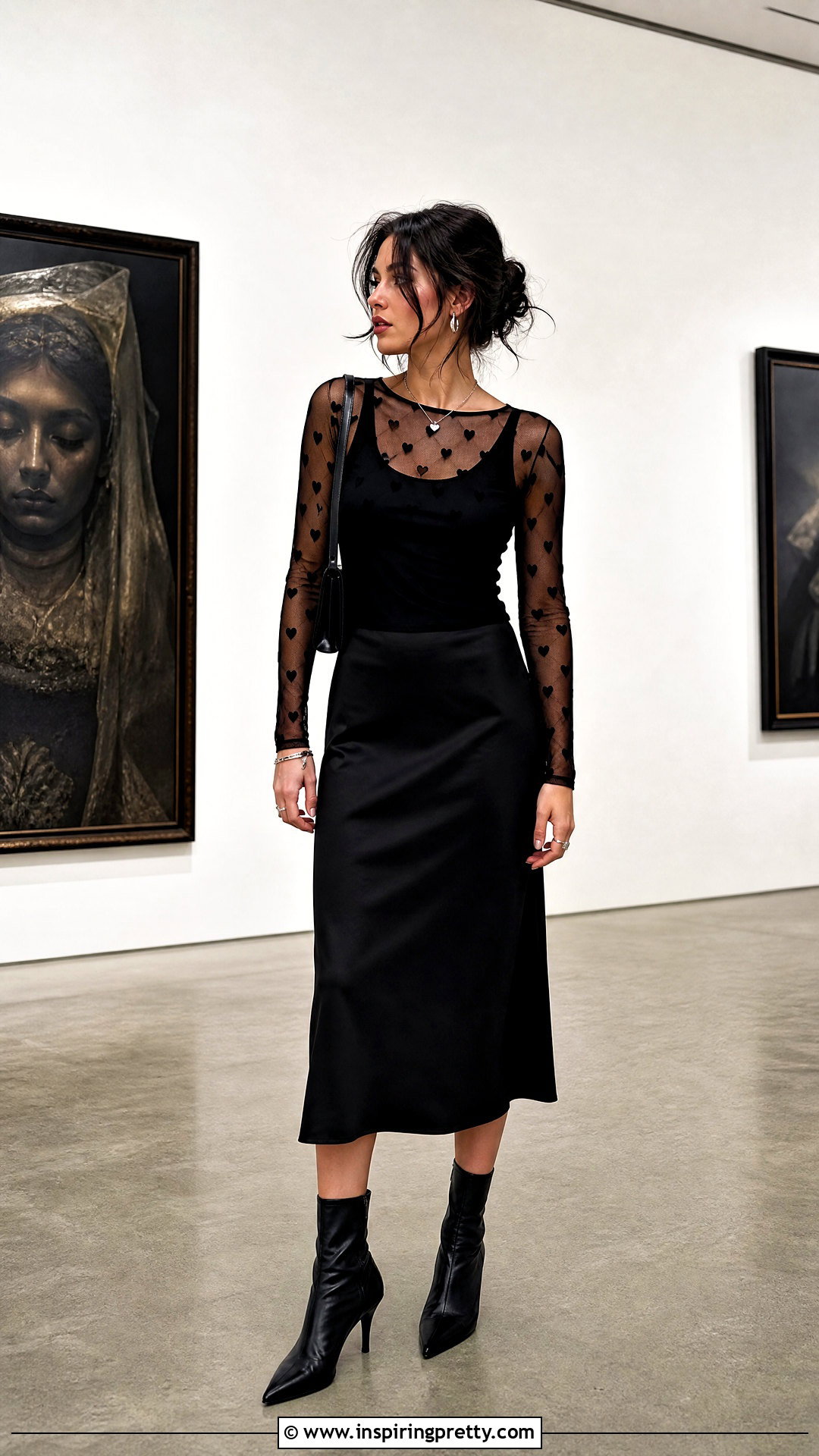 Heart Mesh Top With Black Midi Skirt - 25 heart top aesthetic ideas