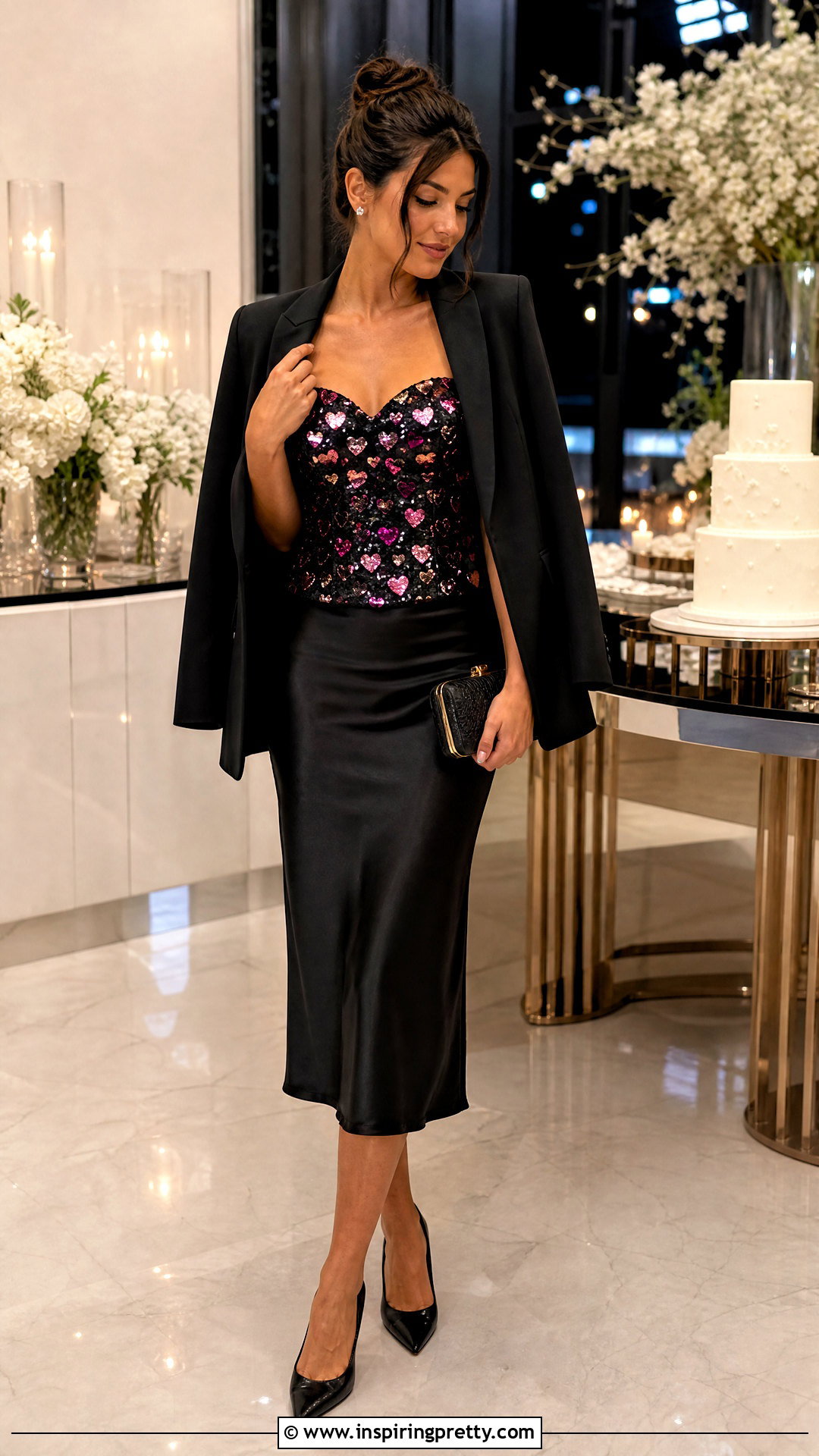 Heart Sequin Top With Black Midi Skirt - 50 heart top outfit ideas