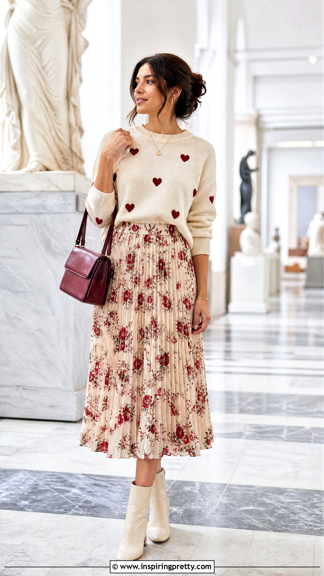 Heart Sweater With Floral Midi Skirt - 50 heart top outfit ideas