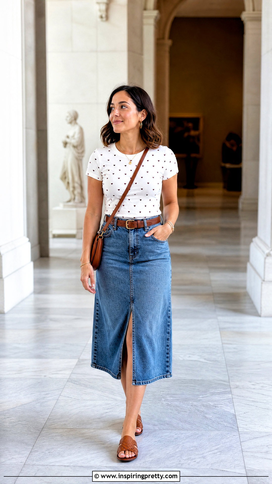 Heart Top With Denim Midi Skirt - 25 Cute Heart Top outfit ideas