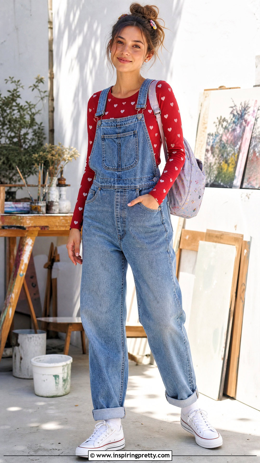 Heart Top With Denim Overalls And Sneakers - 50 heart top outfit ideas