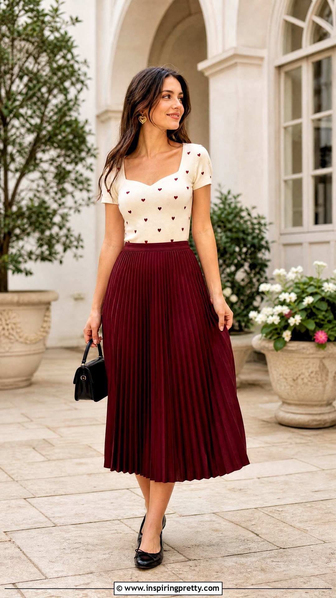 Heart Top With Pleated Midi Skirt - 25 Cute Heart Top outfit ideas