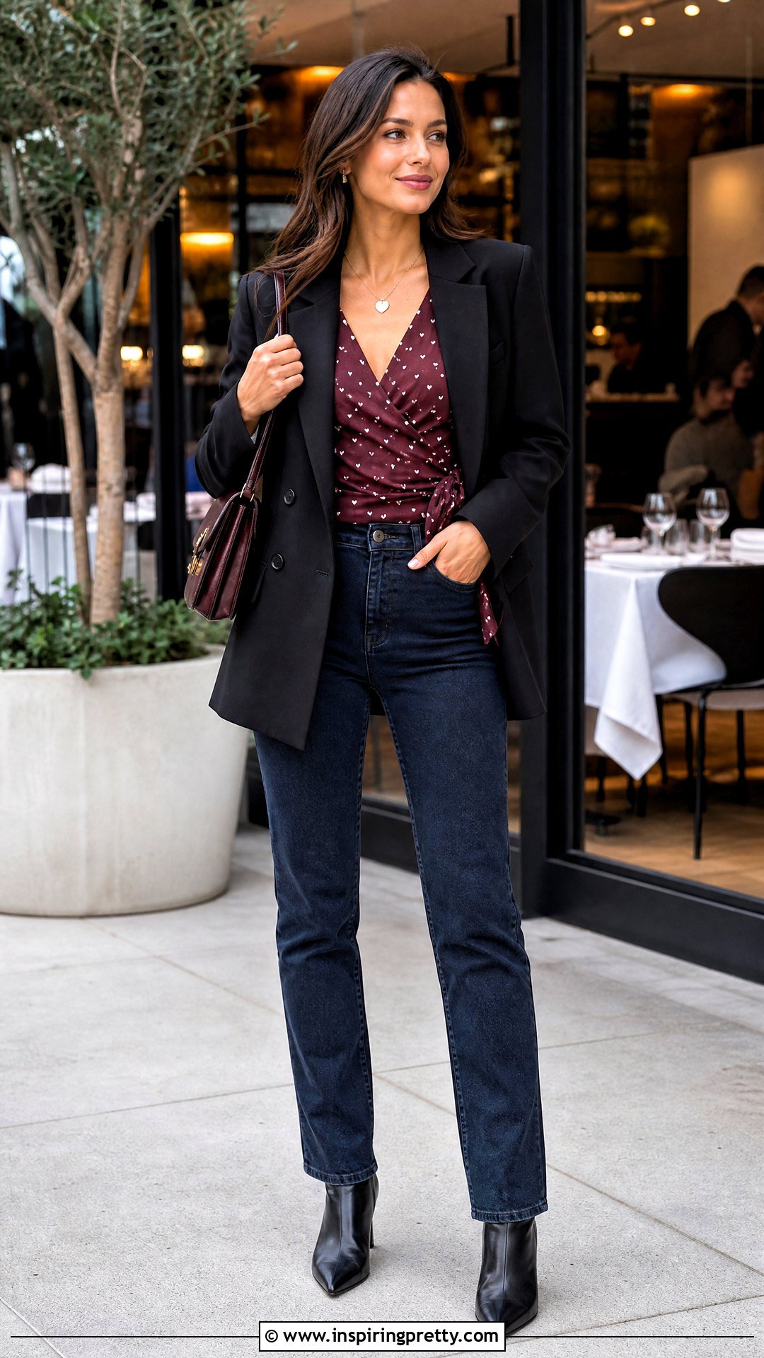 Heart Wrap Top With Dark Jeans For Dinner - 50 heart top outfit ideas