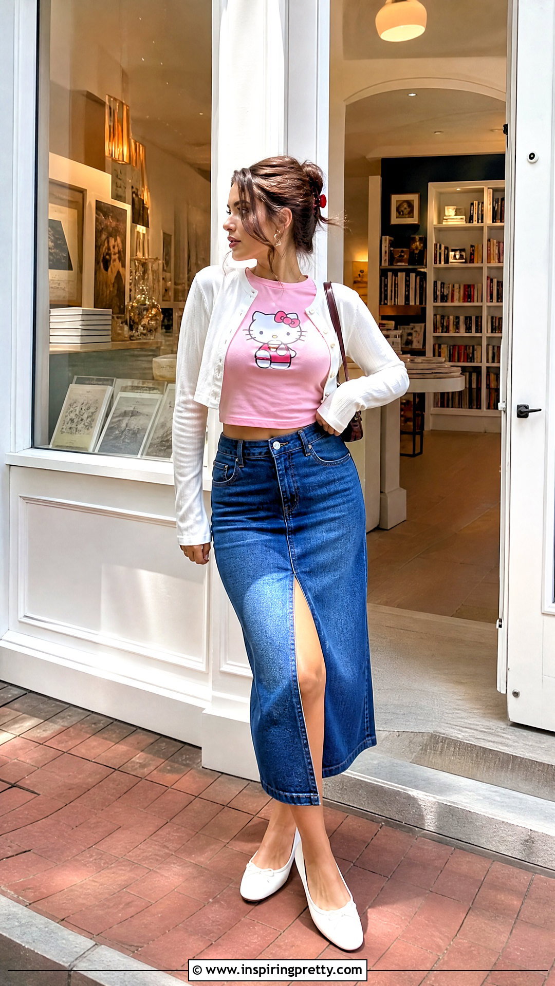 Hello Kitty Baby Tee With Denim Midi Skirt - 50 hello kitty top outfit ideas