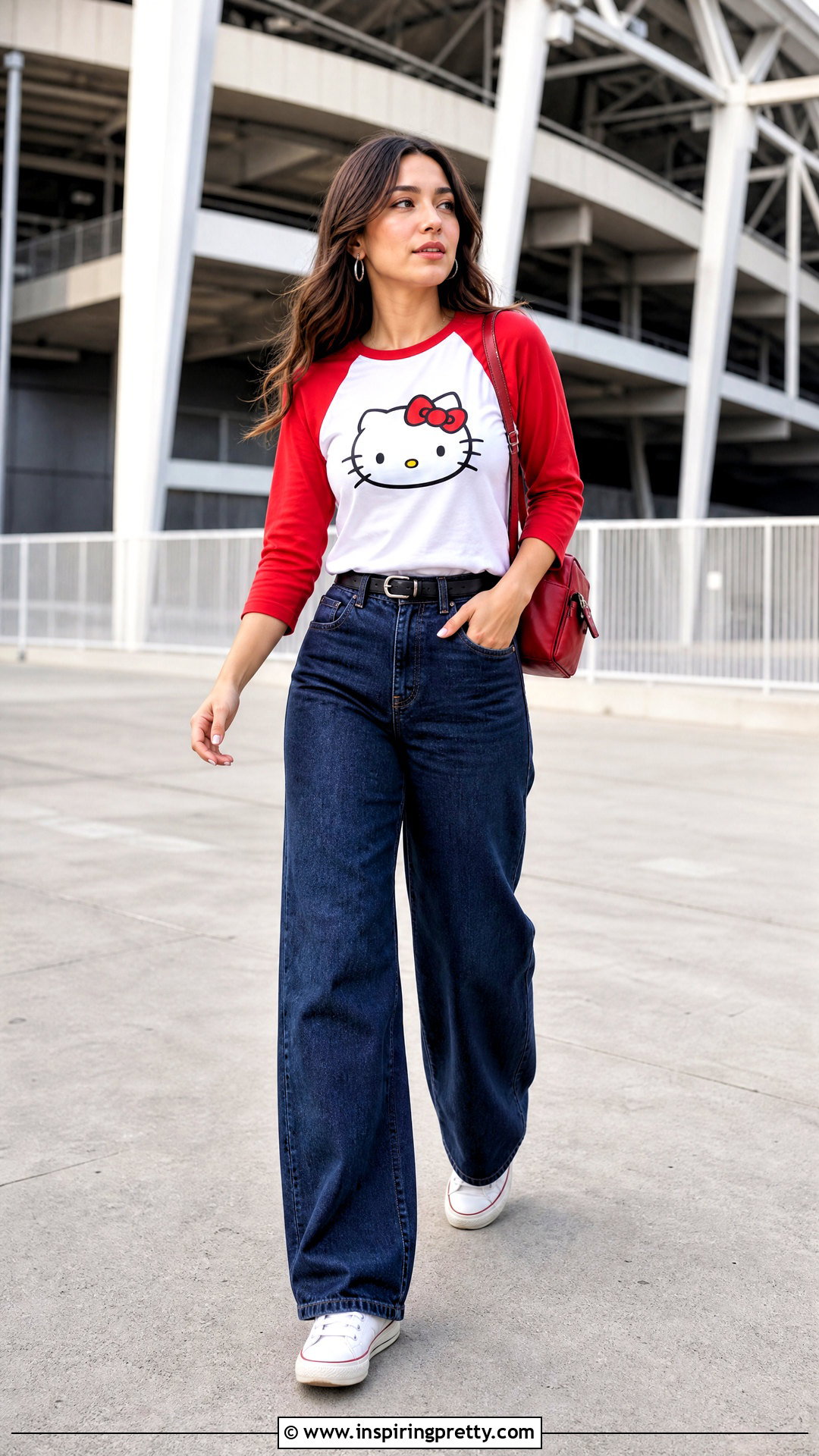 Hello Kitty Baseball Tee With Wide Leg Jeans - 50 hello kitty top outfit ideas