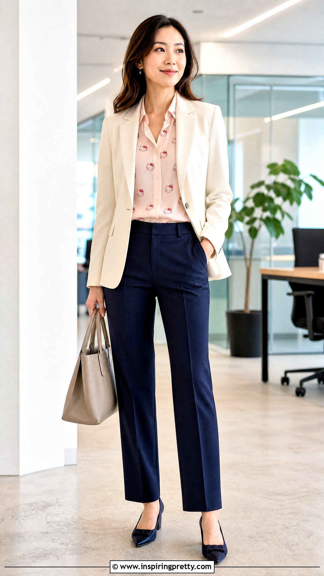 Hello Kitty Bow Blouse With Tailored Trousers - 50 hello kitty top outfit ideas