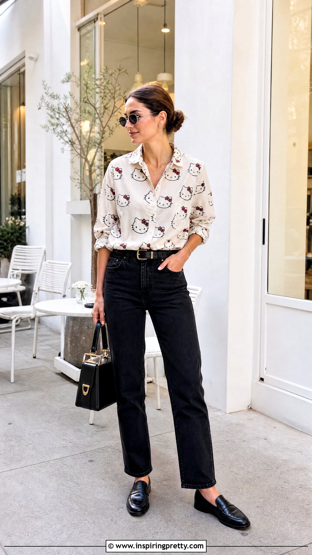 Hello Kitty Button Up Shirt With Straight Jeans - 50 hello kitty top outfit ideas