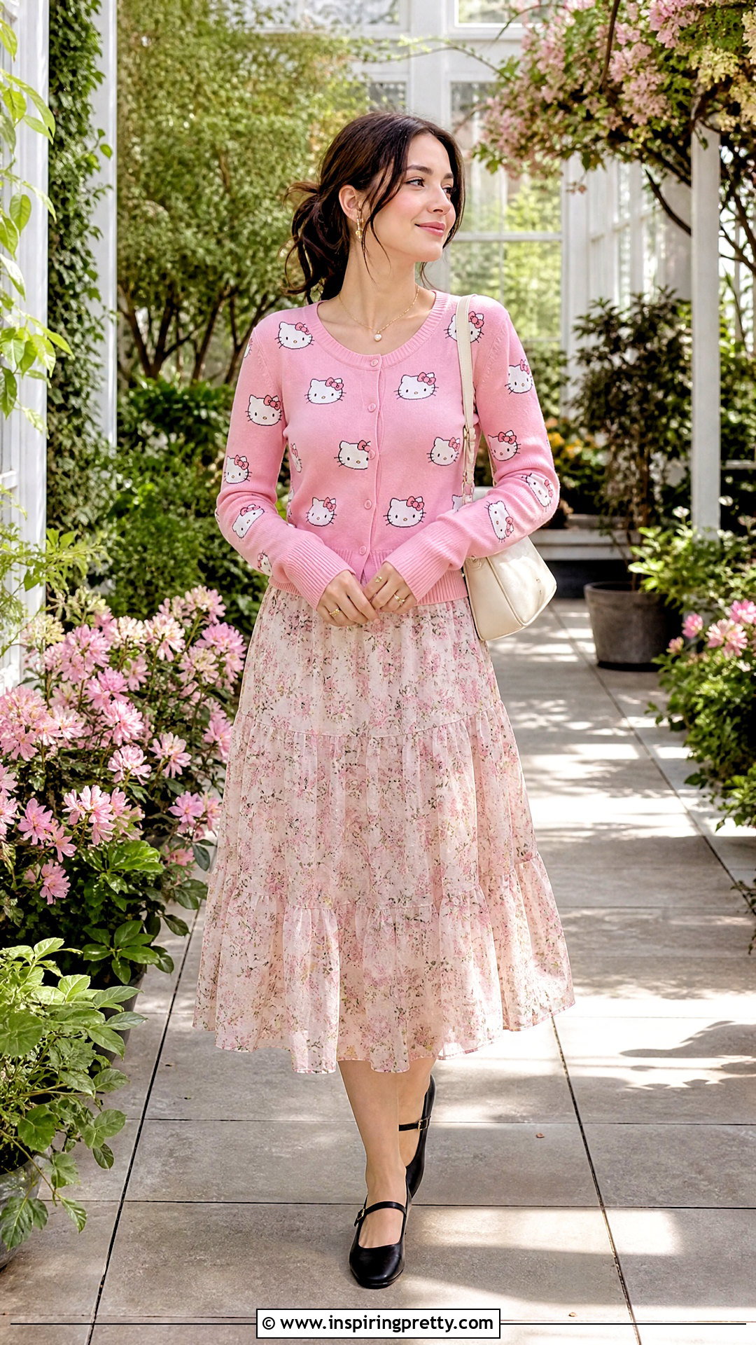 Hello Kitty Cardigan With Floral Midi Skirt - 50 hello kitty top outfit ideas