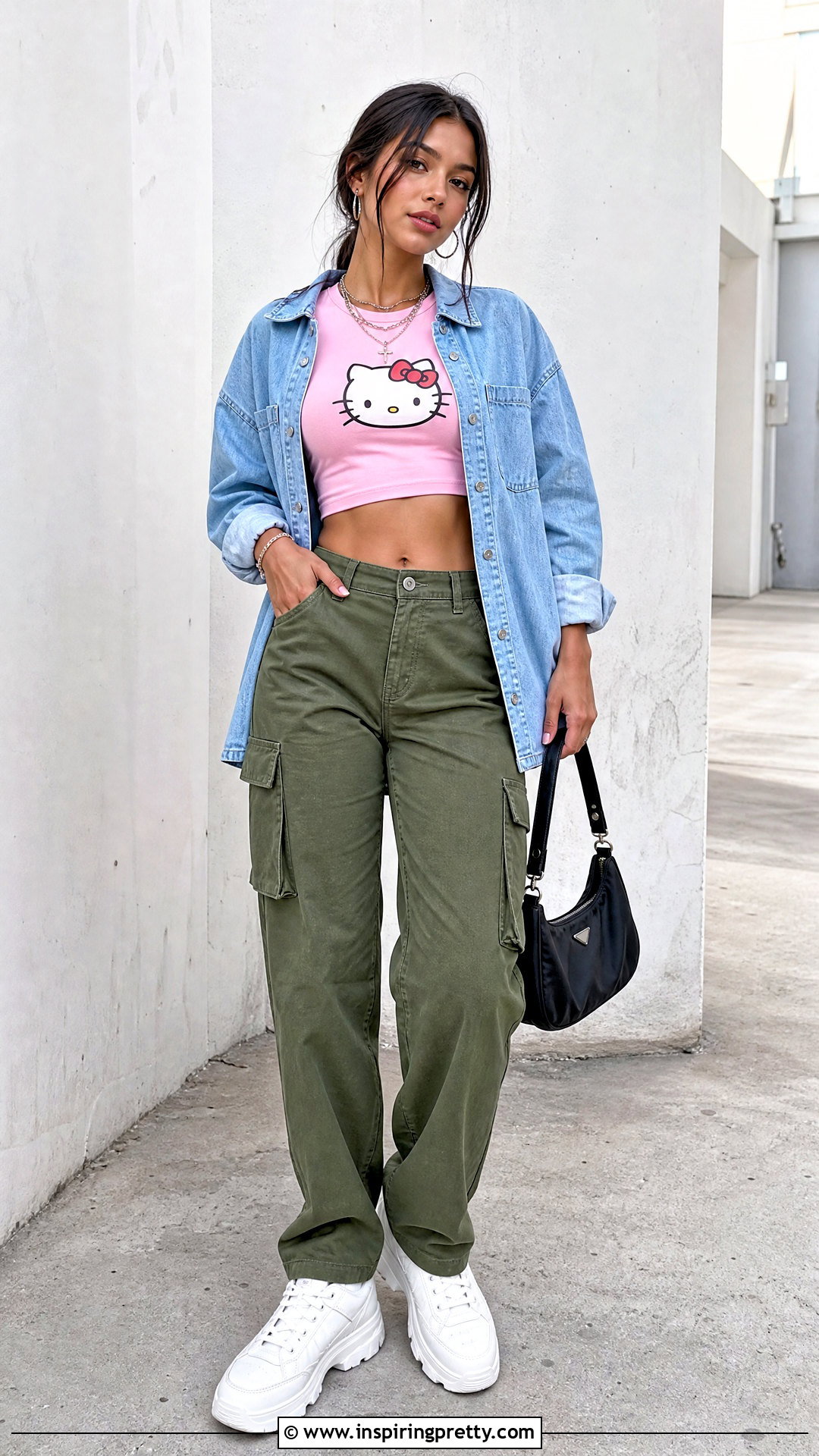 Hello Kitty Crop Top With Cargo Pants - 50 hello kitty top outfit ideas