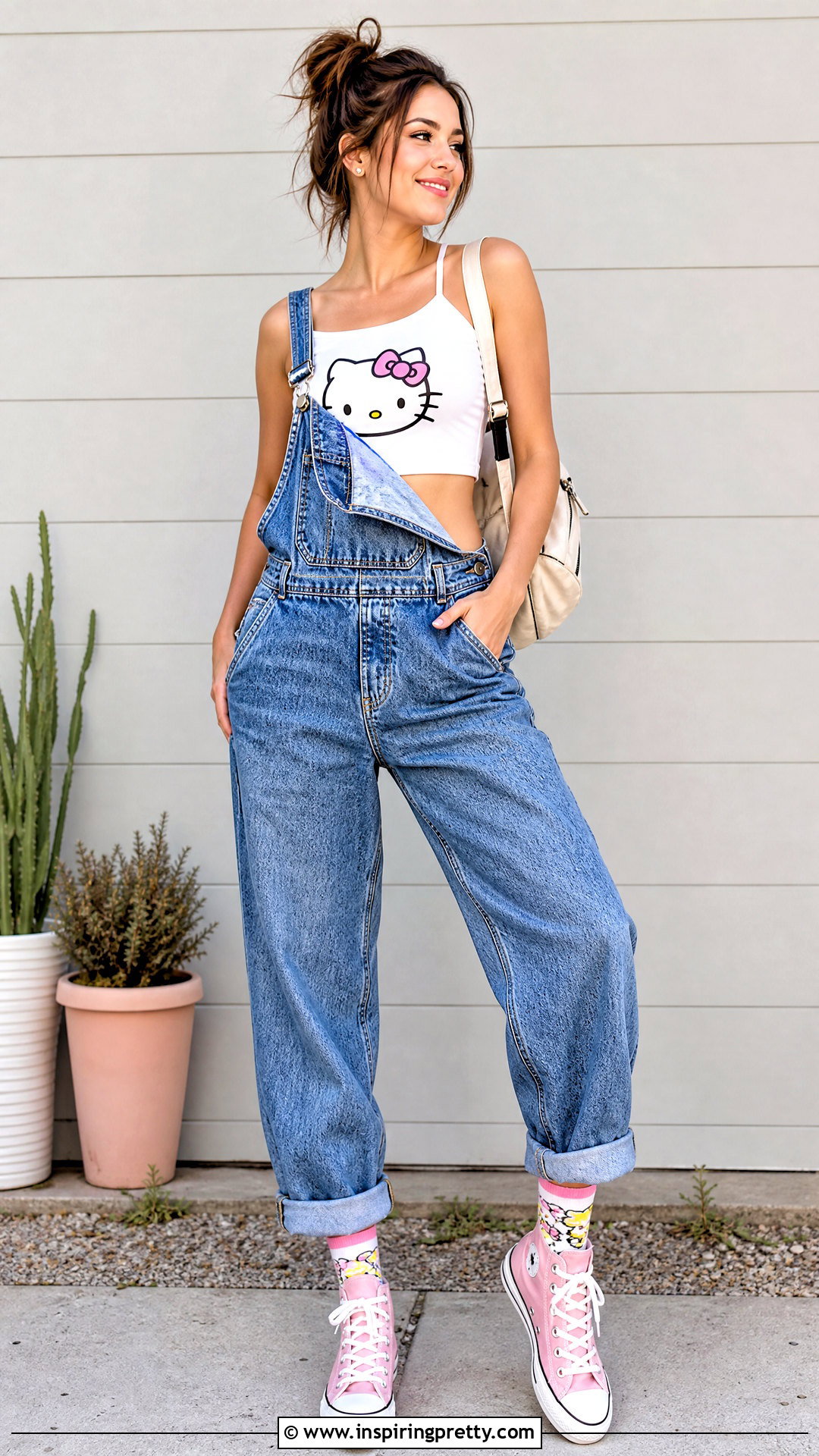 Hello Kitty Crop Top With Denim Overalls - 25 hello kitty shirt crop top outfit ideas