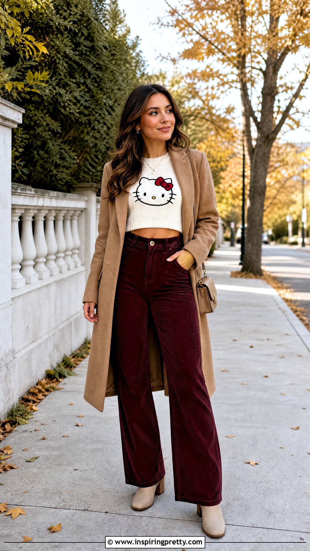Hello Kitty Cropped Sweater With Corduroy Pants - 50 hello kitty top outfit ideas