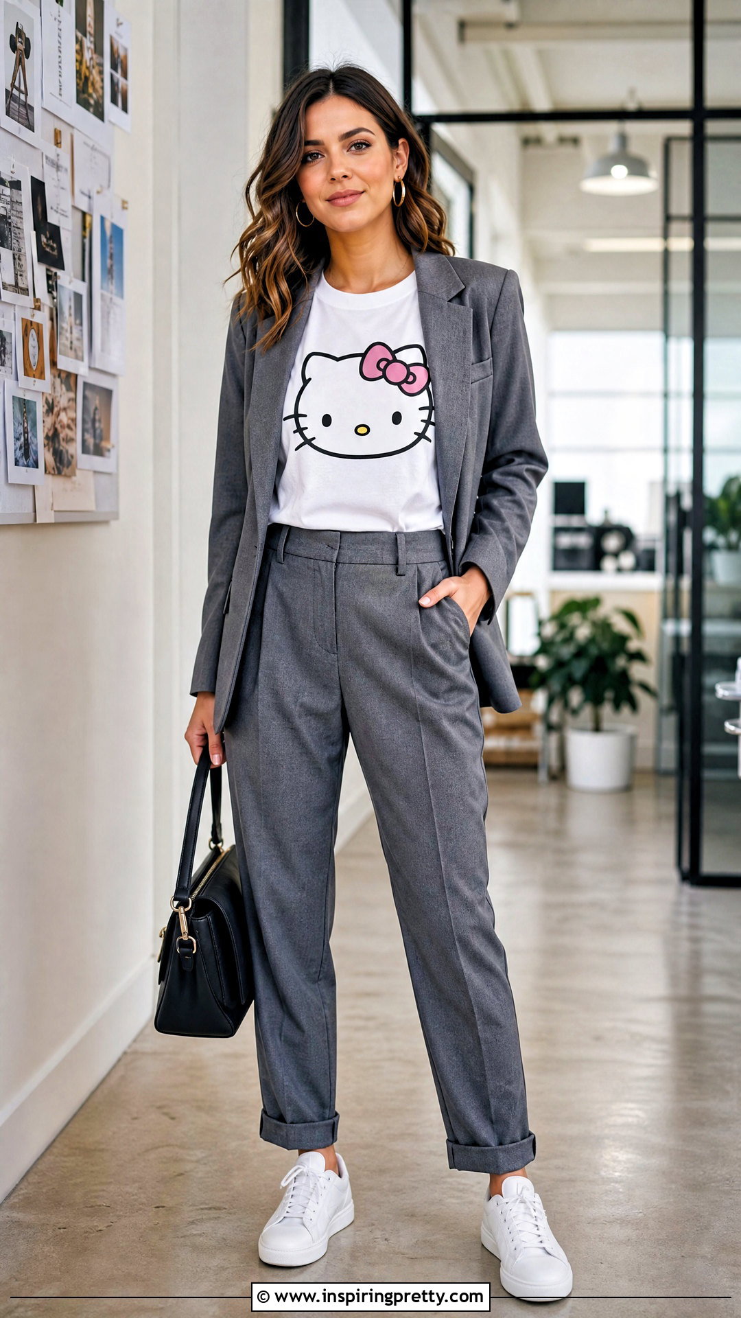 Hello Kitty Graphic Tee With Blazer And Trousers - 50 hello kitty top outfit ideas