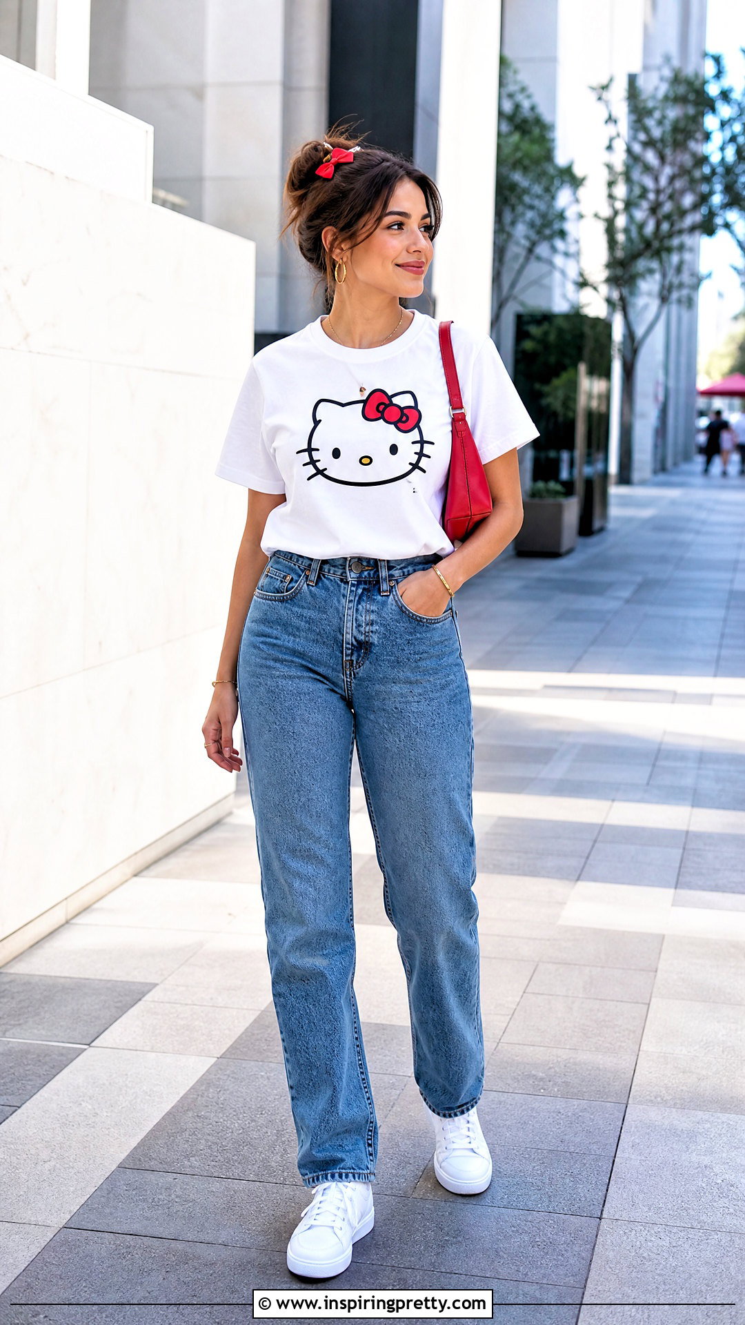 Hello Kitty Graphic Tee With Straight Leg Jeans - 50 hello kitty top outfit ideas
