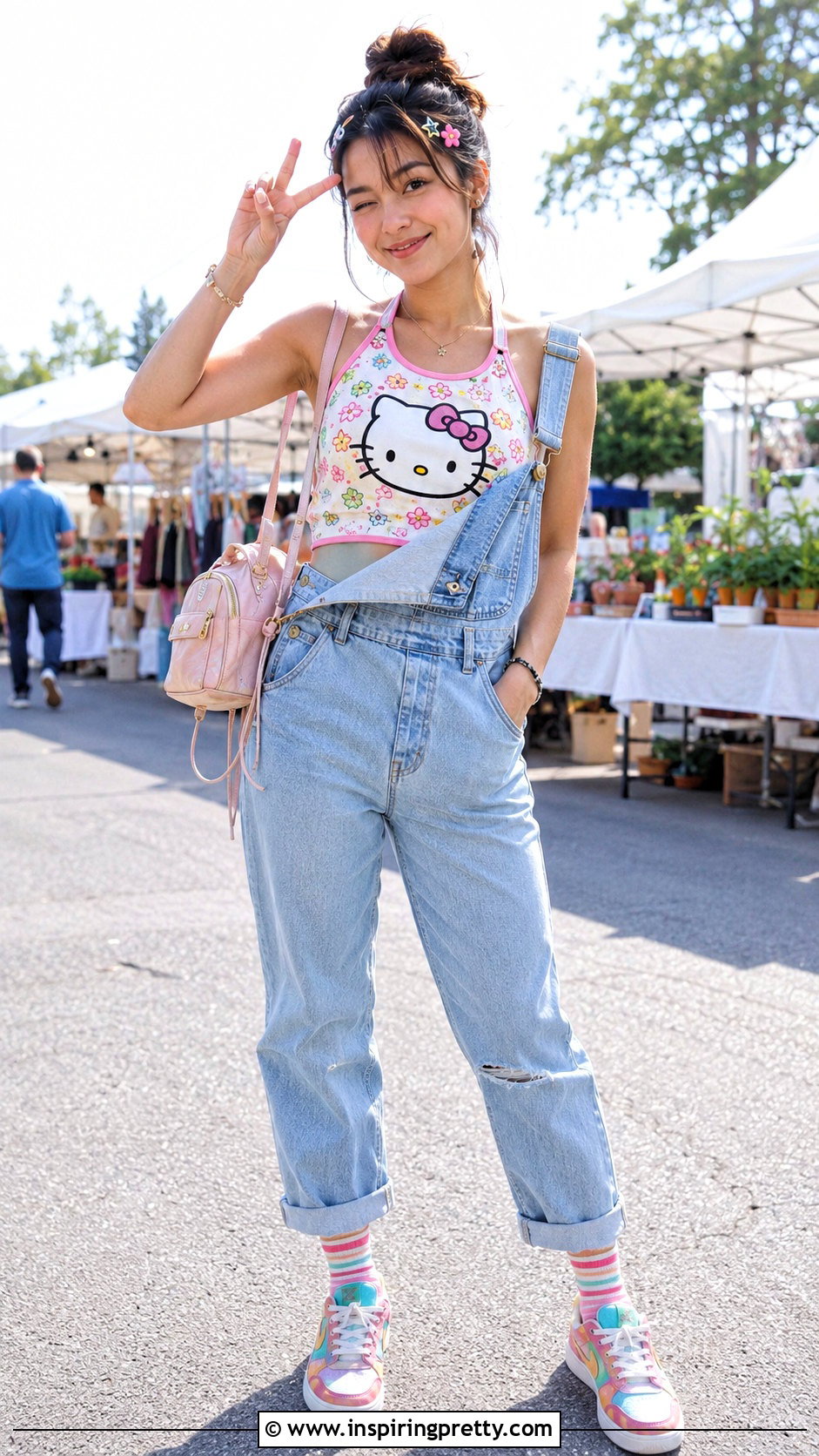 Hello Kitty Halter Top With Denim Overalls - 25 hello kitty halter top outfit ideas