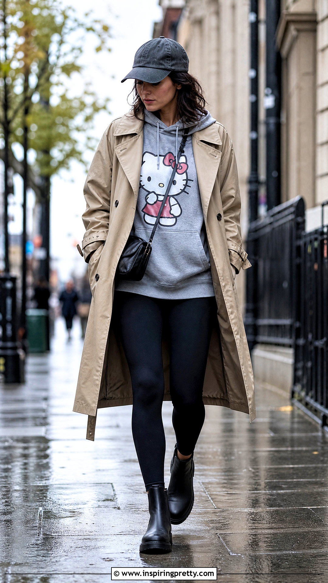 Hello Kitty Hoodie With Trench Coat And Leggings - 50 hello kitty top outfit ideas