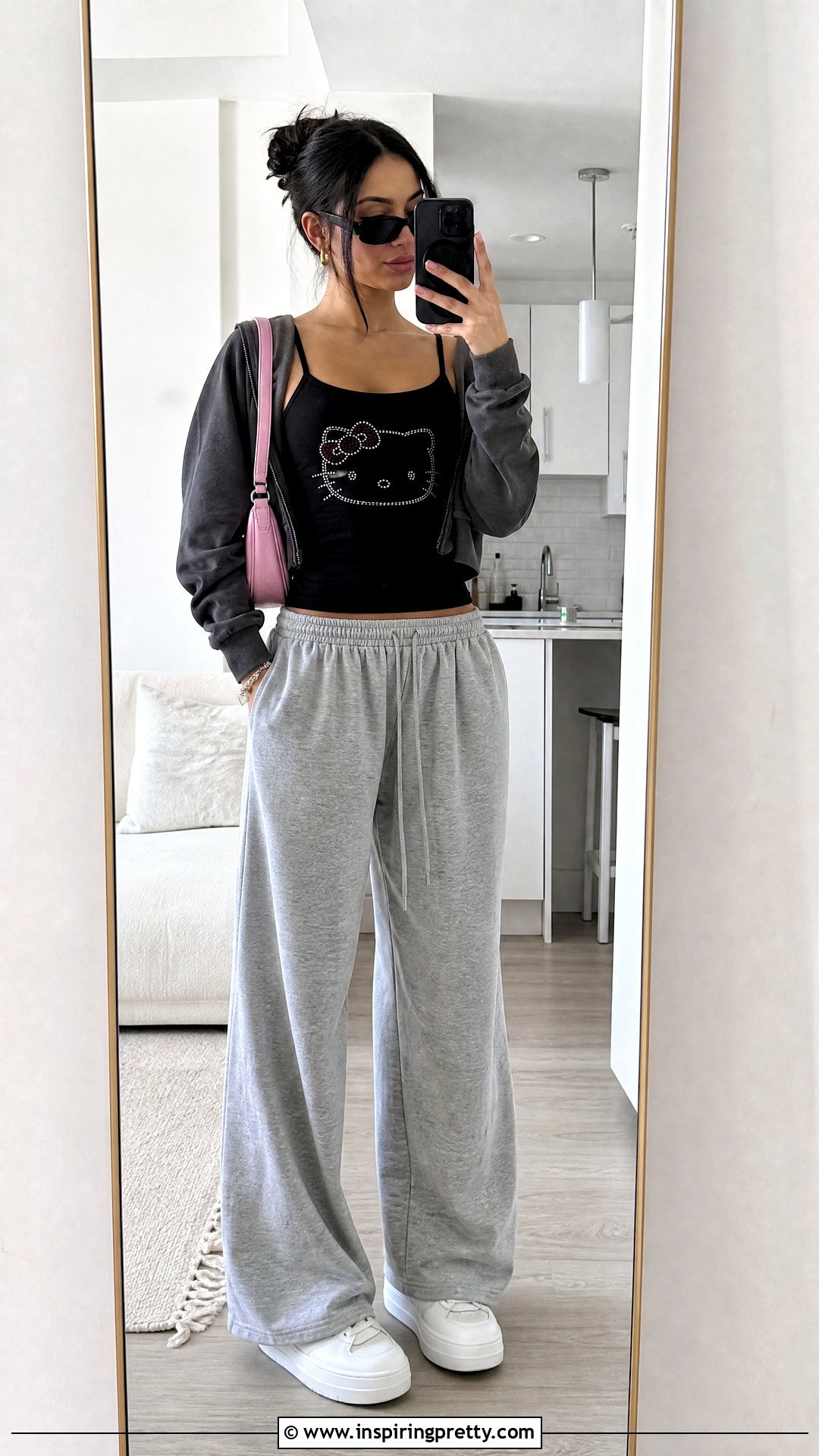 Hello Kitty Rhinestone Top With Wide Leg Joggers - 20 hello kitty rhinestone top outfit ideas