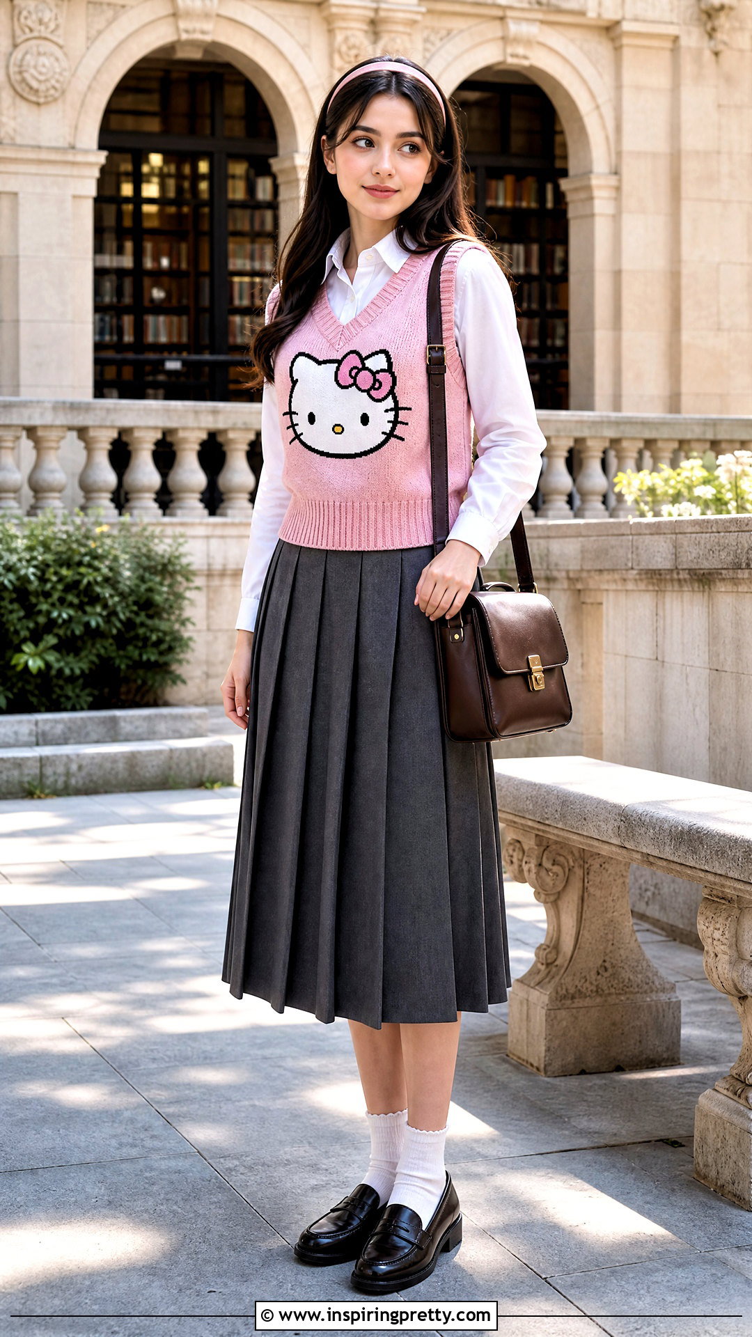 Hello Kitty Sweater Vest With Pleated Midi Skirt - 50 hello kitty top outfit ideas