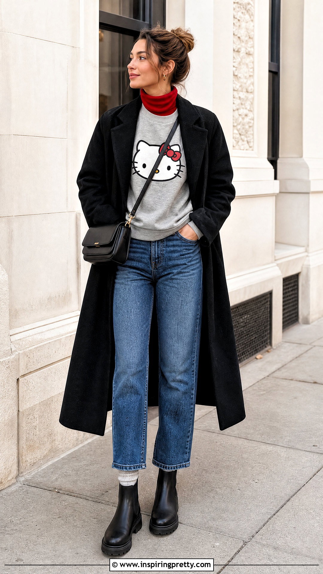 Hello Kitty Sweatshirt With Turtleneck And Jeans - 50 hello kitty top outfit ideas