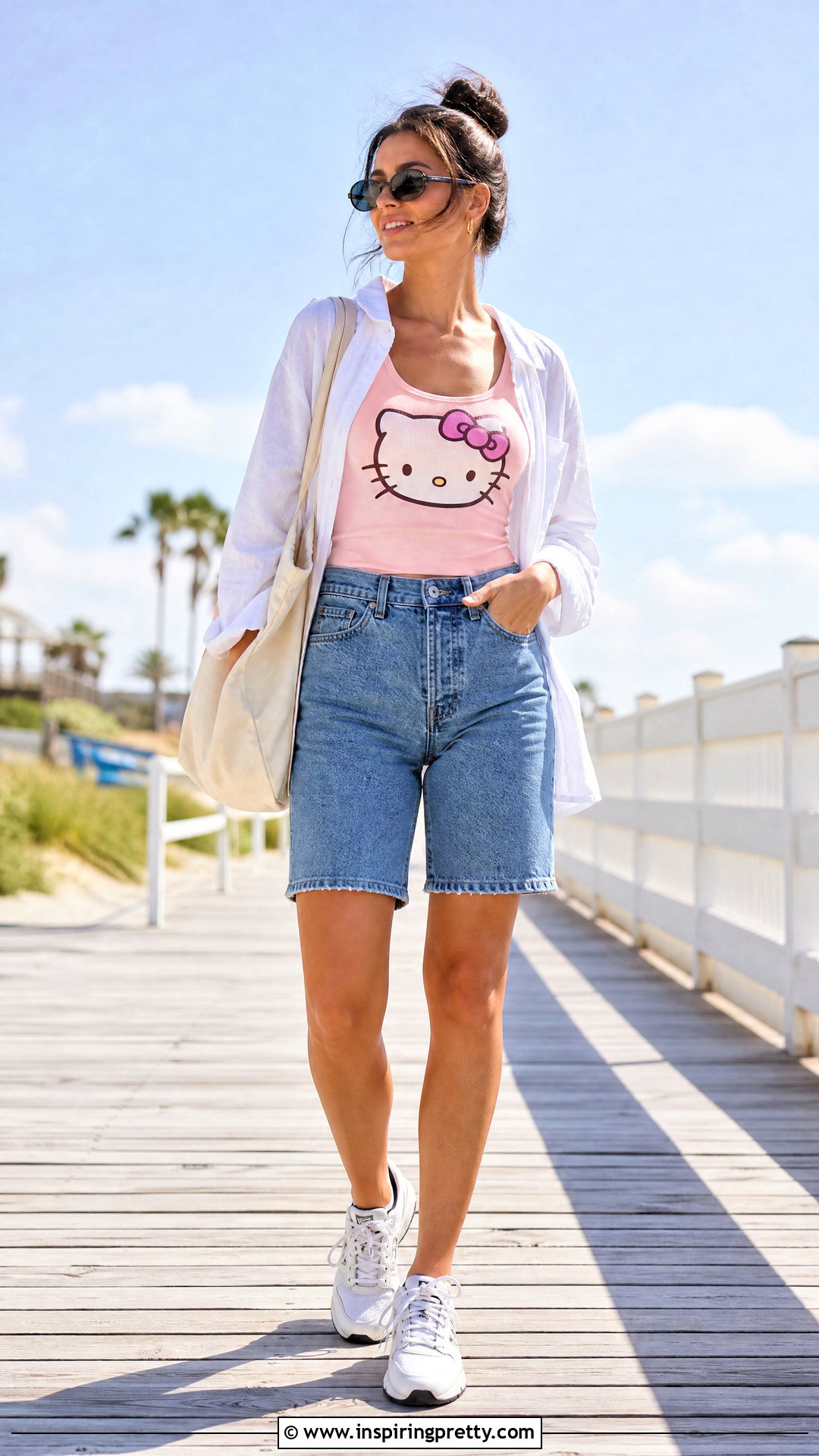Hello Kitty Tank Top With Denim Shorts - 50 hello kitty top outfit ideas