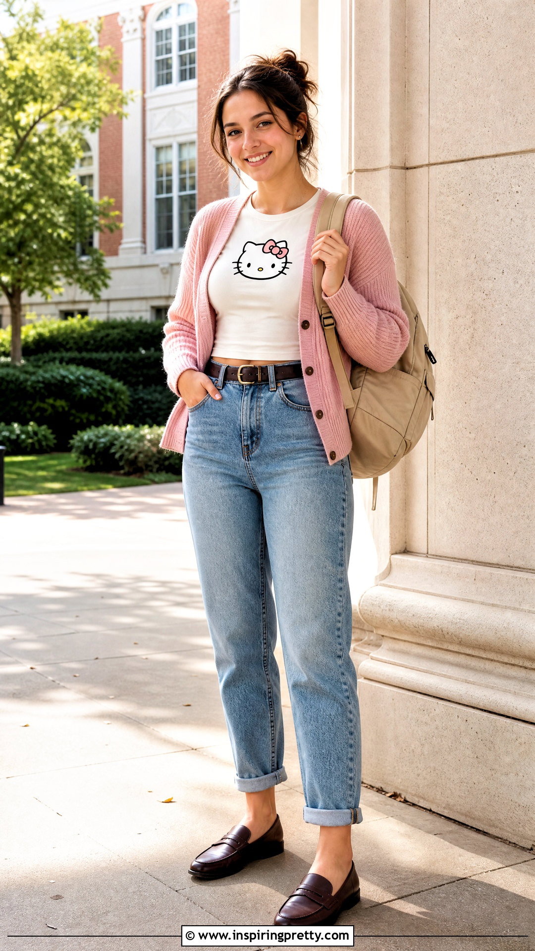 Hello Kitty Tee With Cardigan And Mom Jeans - 50 hello kitty top outfit ideas