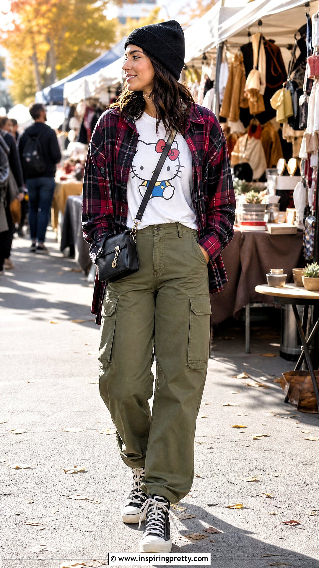 Hello Kitty Tee With Flannel And Cargo Pants - 50 hello kitty top outfit ideas