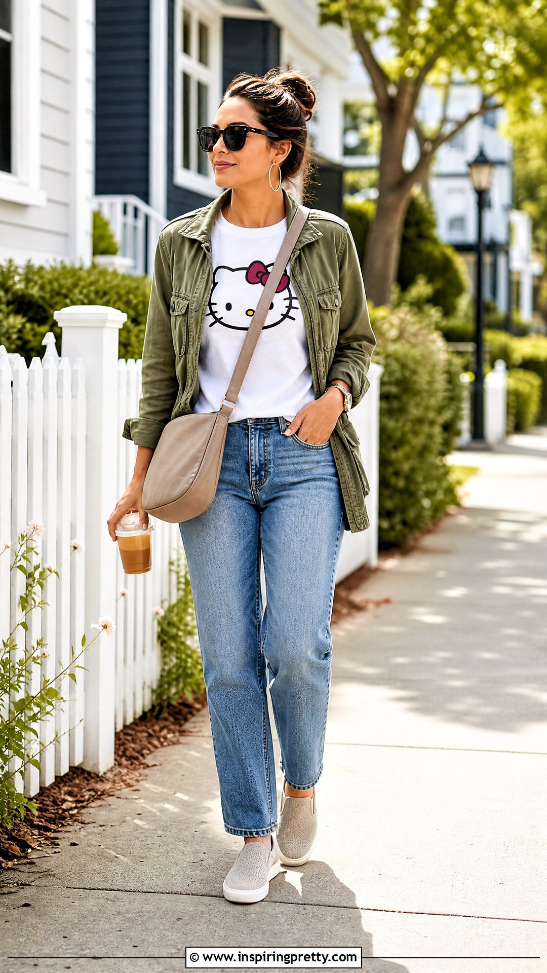 Hello Kitty Tee With Utility Jacket And Jeans - 50 hello kitty top outfit ideas