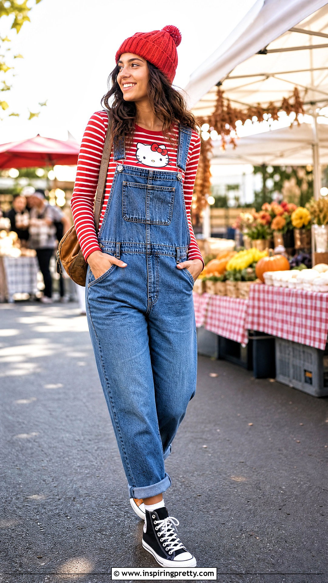 Hello Kitty Thermal Top With Denim Overalls - 50 hello kitty top outfit ideas