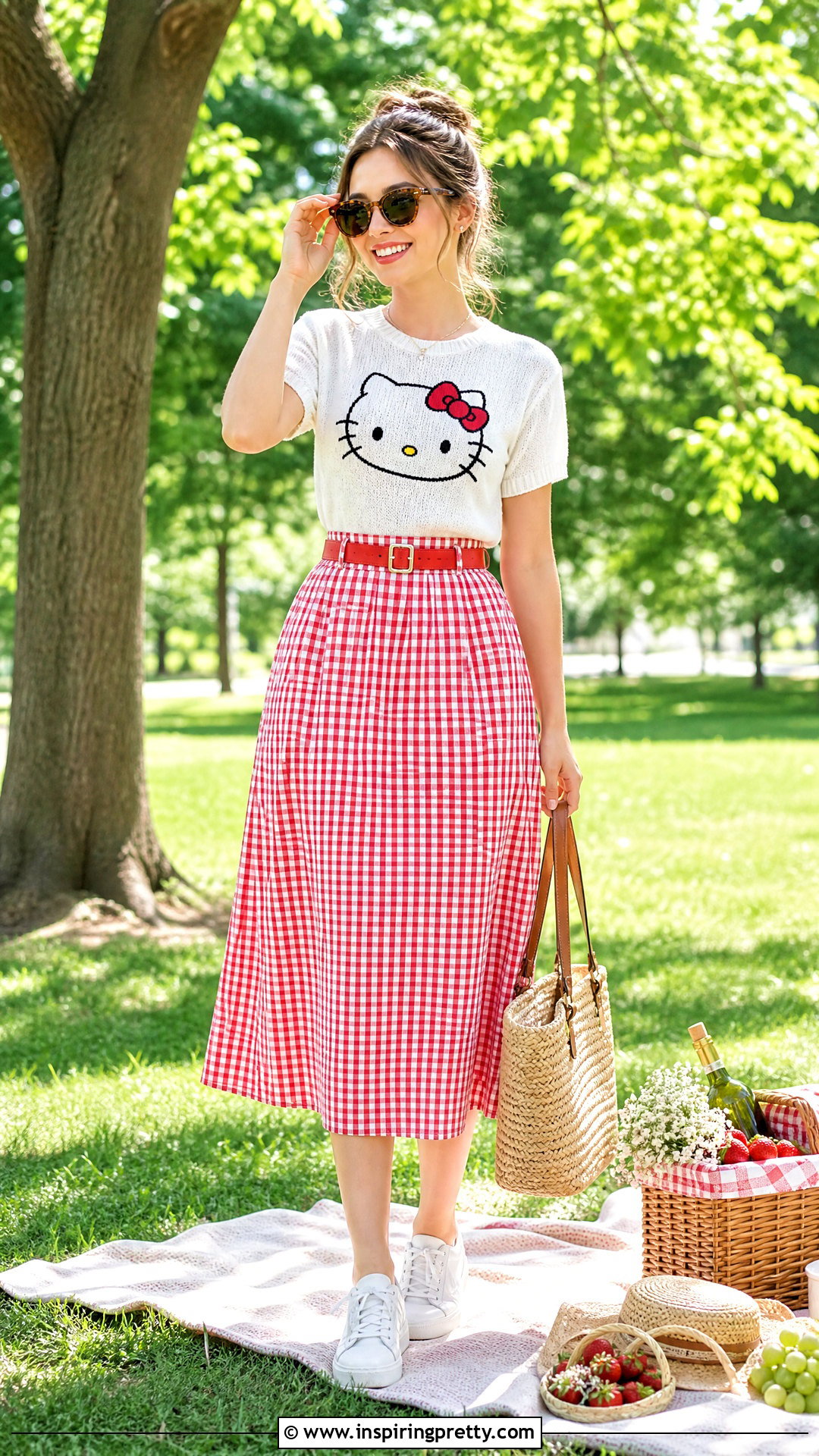 Hello Kitty Top With Gingham Midi Skirt - 50 hello kitty top outfit ideas