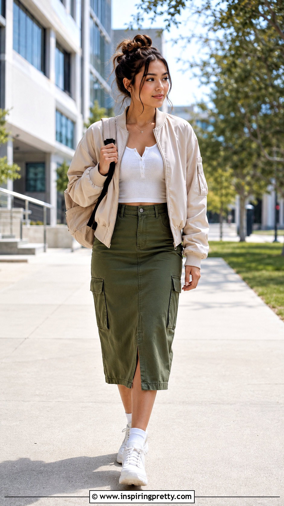 Henley Crop Top With Cargo Skirt and Sneakers - 20 cute crop tops for school outfit ideas