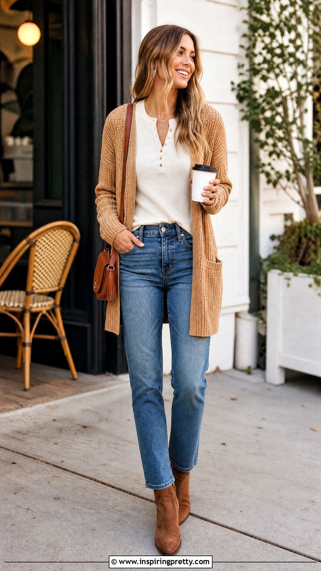 Henley Top With Cardigan And Jeans - 50 henley top outfit ideas